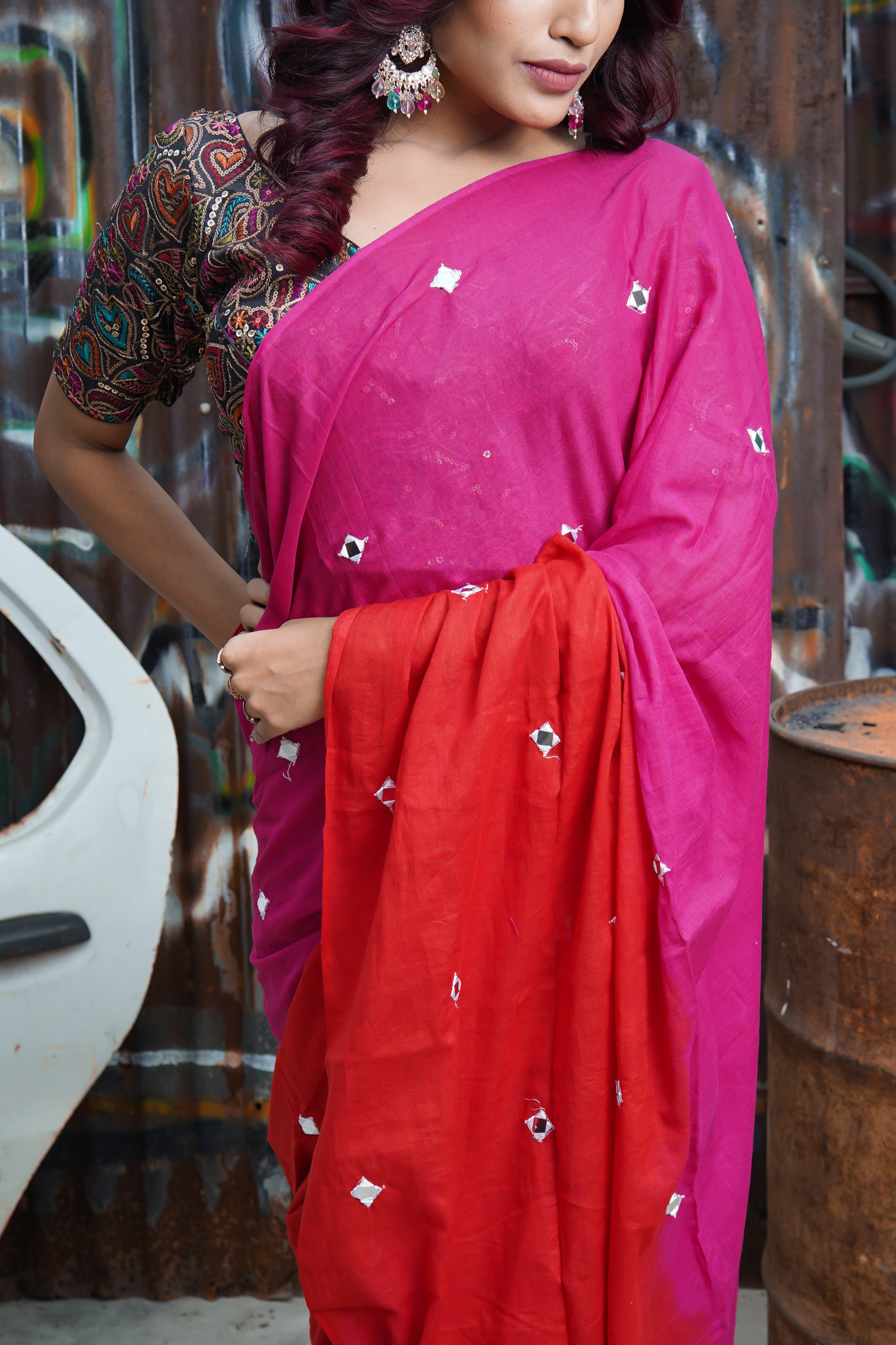 Pure Mul Cotton Mirror Work Saree Red & Rani