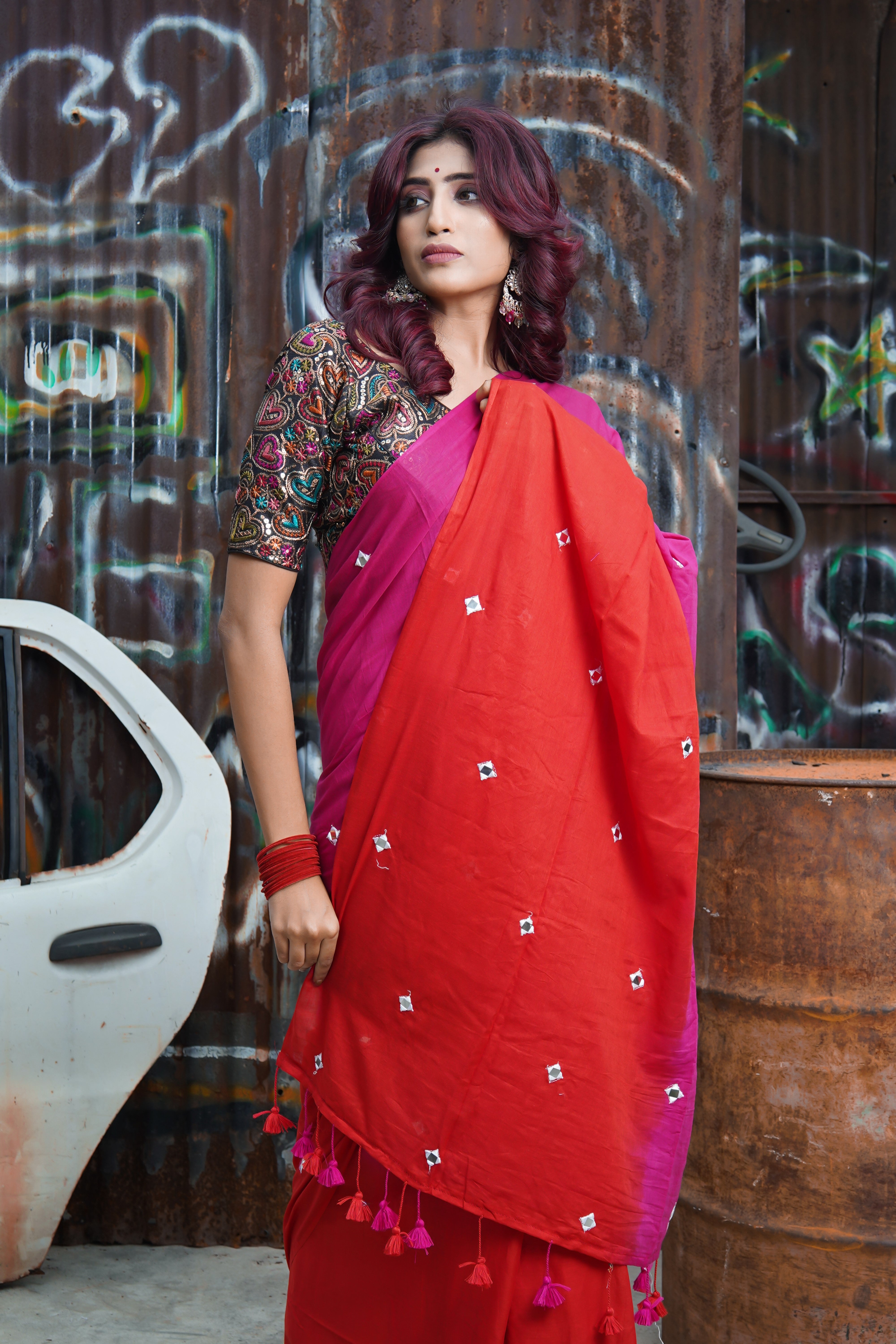 Pure Mul Cotton Mirror Work Saree Red & Rani