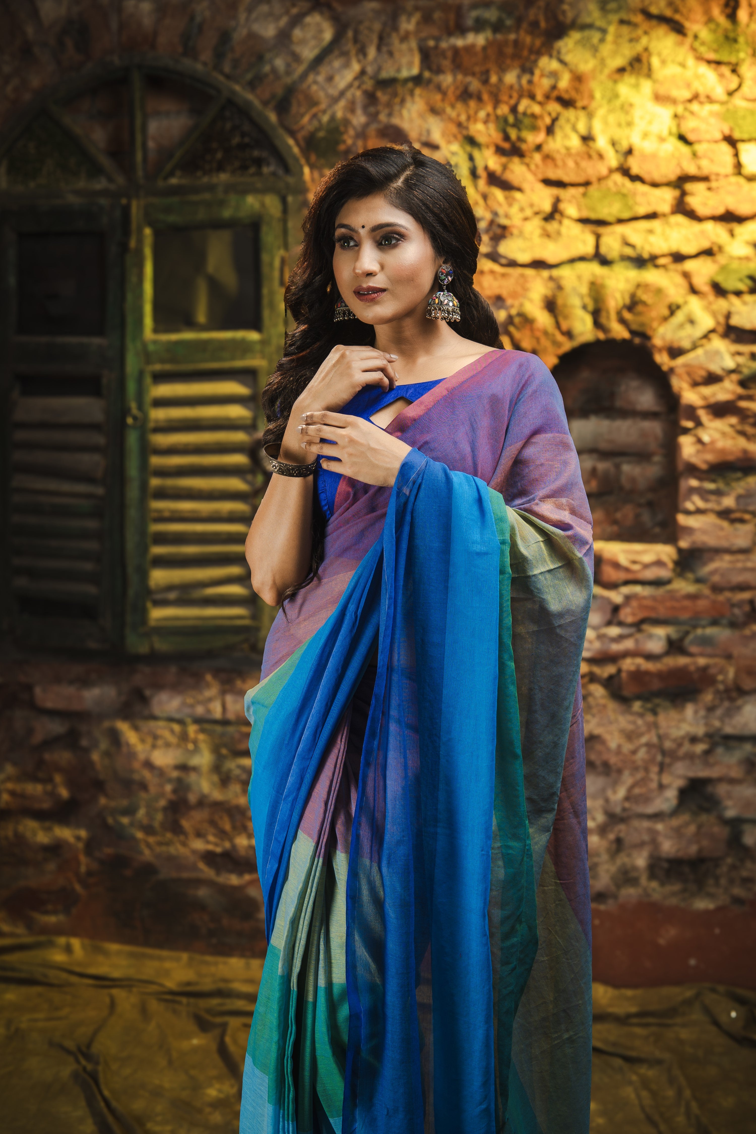 Multicolour Rainbow Mul Mul Cotton Saree- Rani and Blue