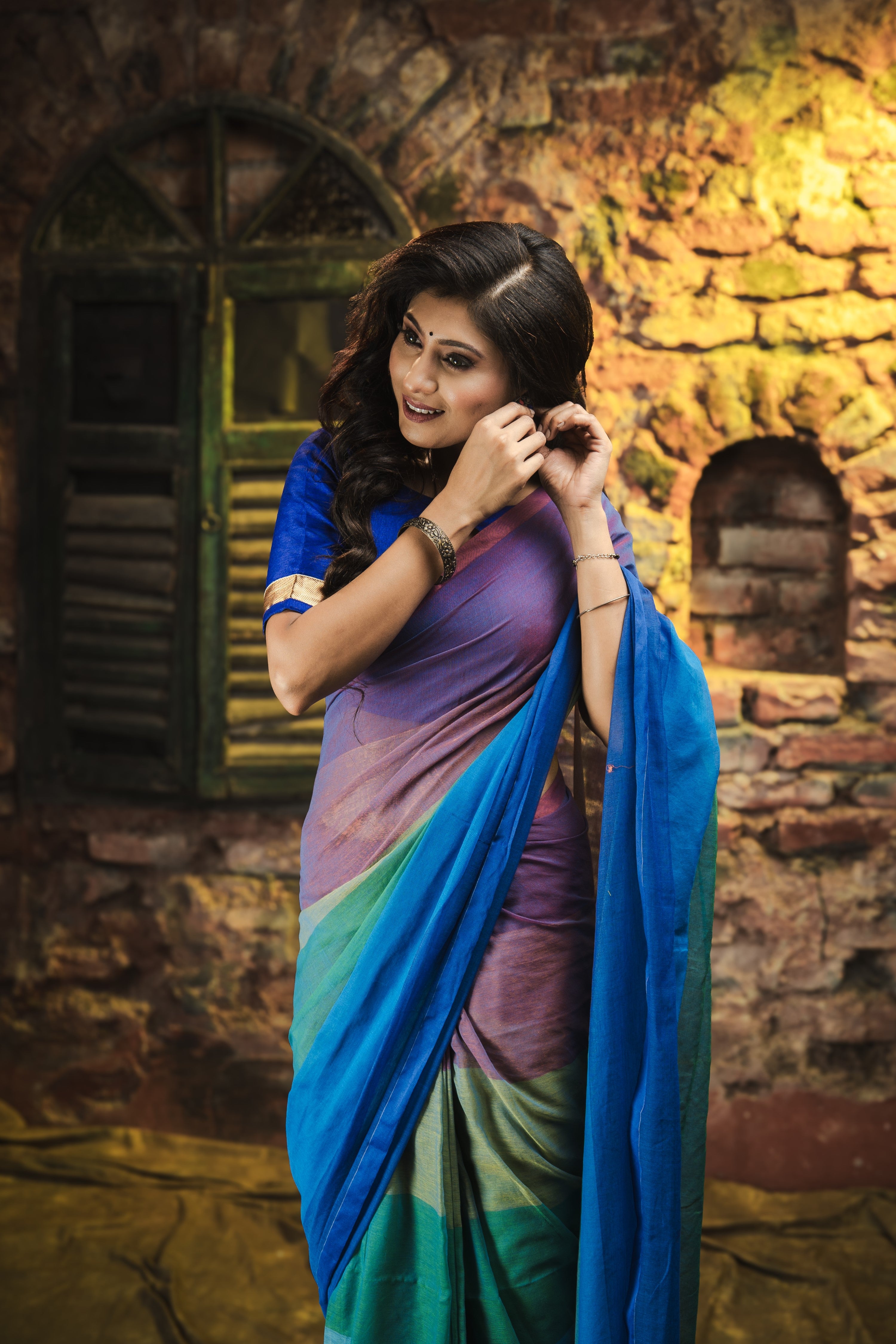 Multicolour Rainbow Mul Mul Cotton Saree- Rani and Blue