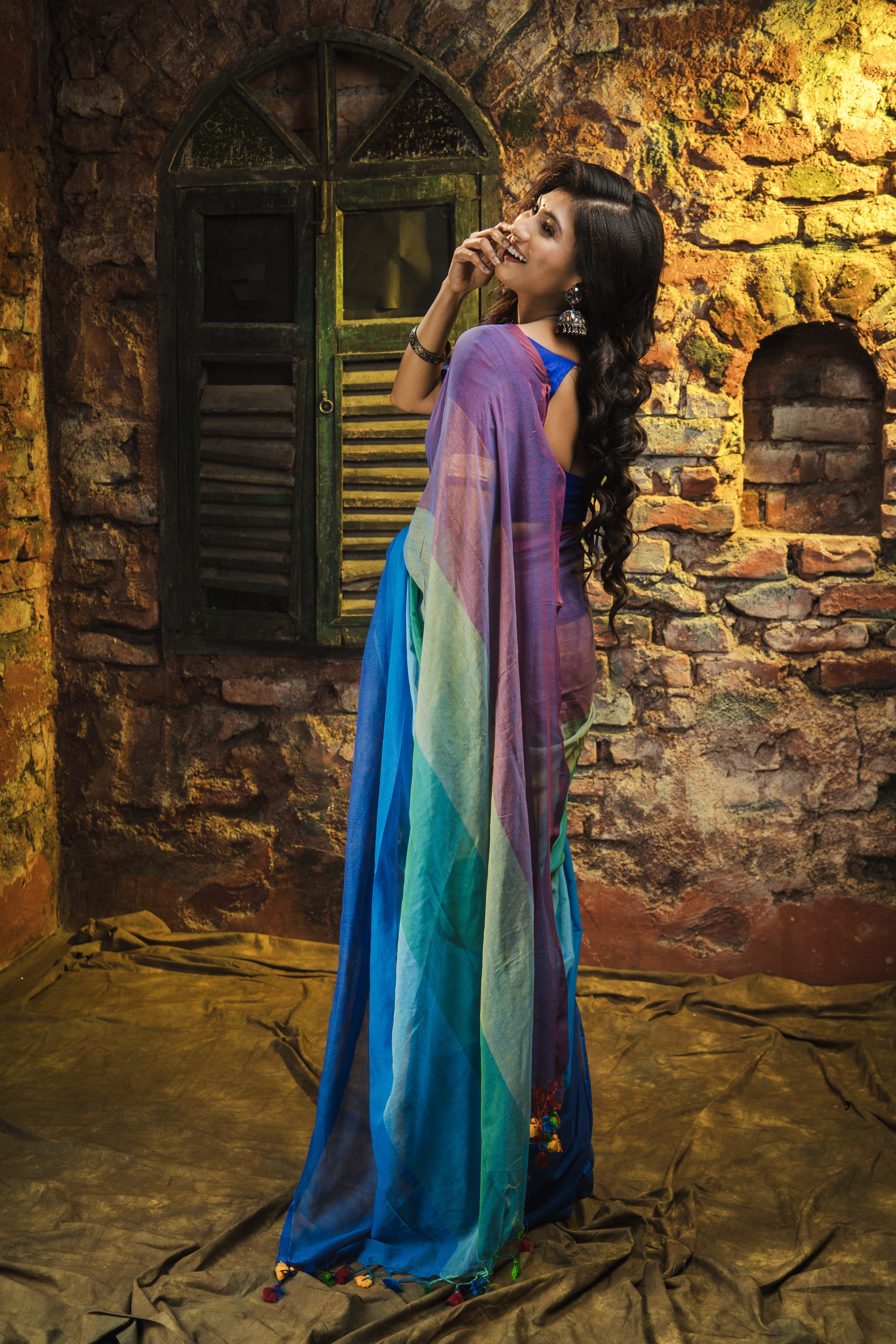 Multicolour Rainbow Mul Mul Cotton Saree- Rani and Blue