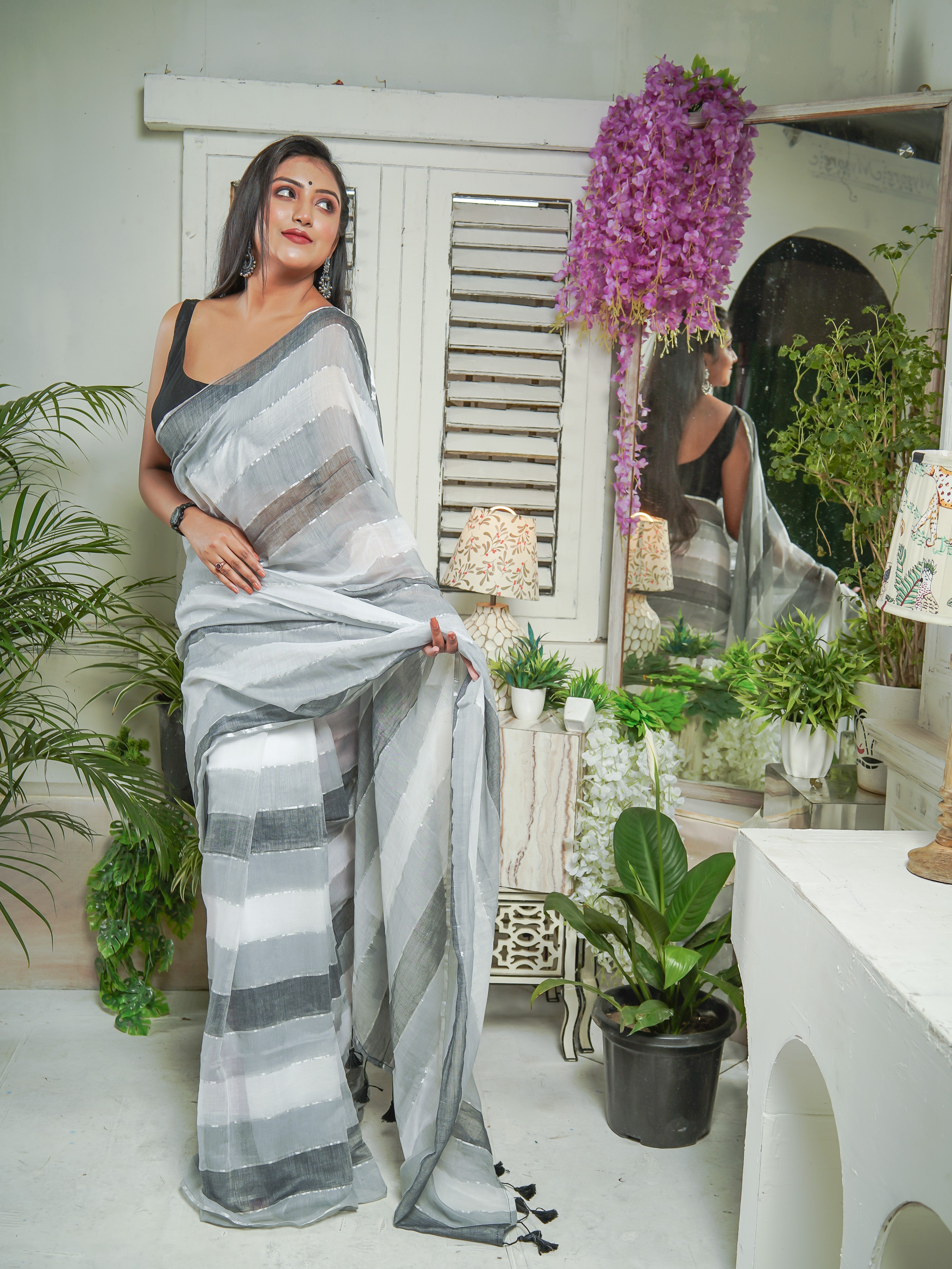 Multicolour Rainbow Mul Mul Cotton Saree White & Grey