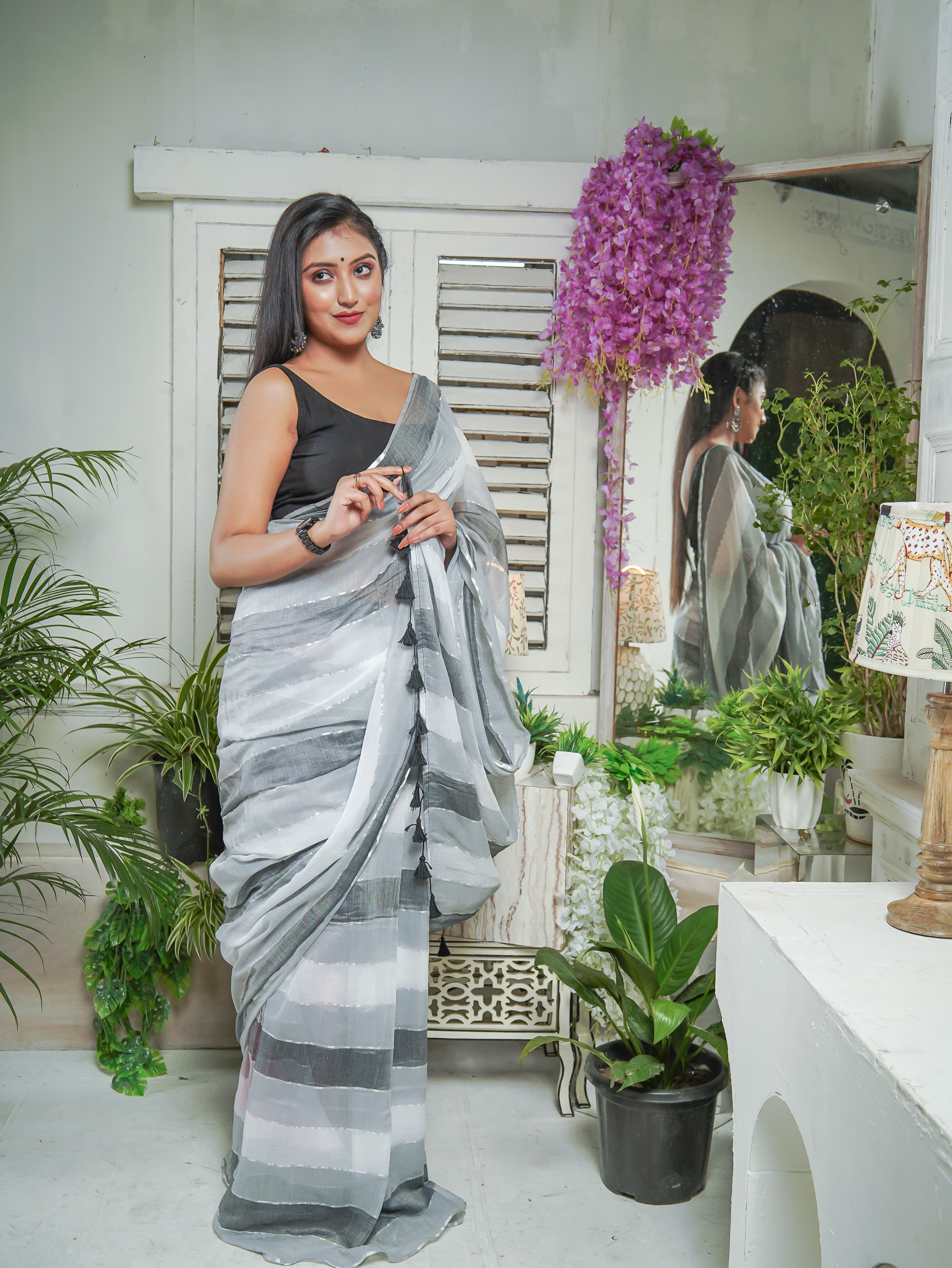 Multicolour Rainbow Mul Mul Cotton Saree White & Grey