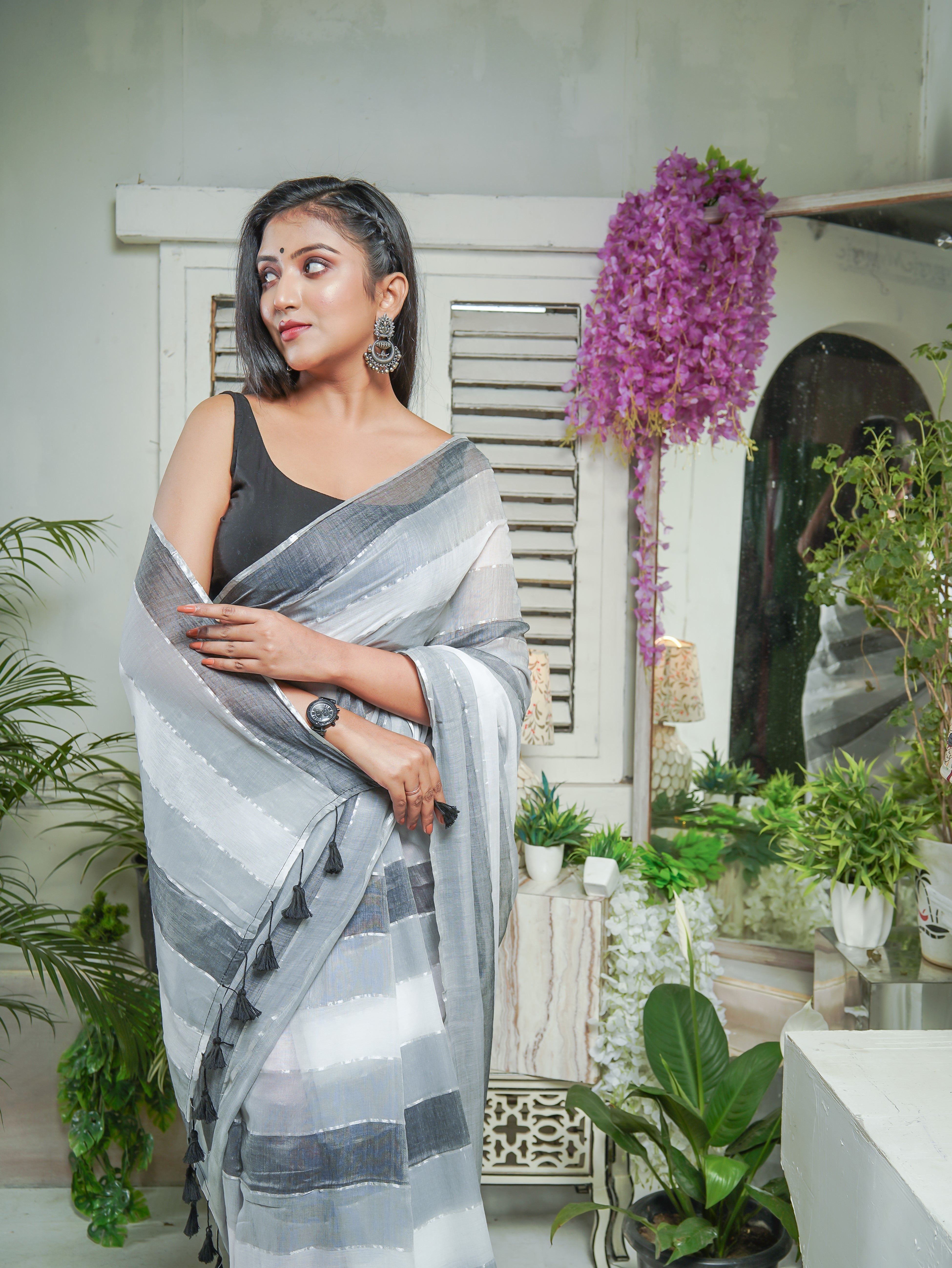 Multicolour Rainbow Mul Mul Cotton Saree White & Grey