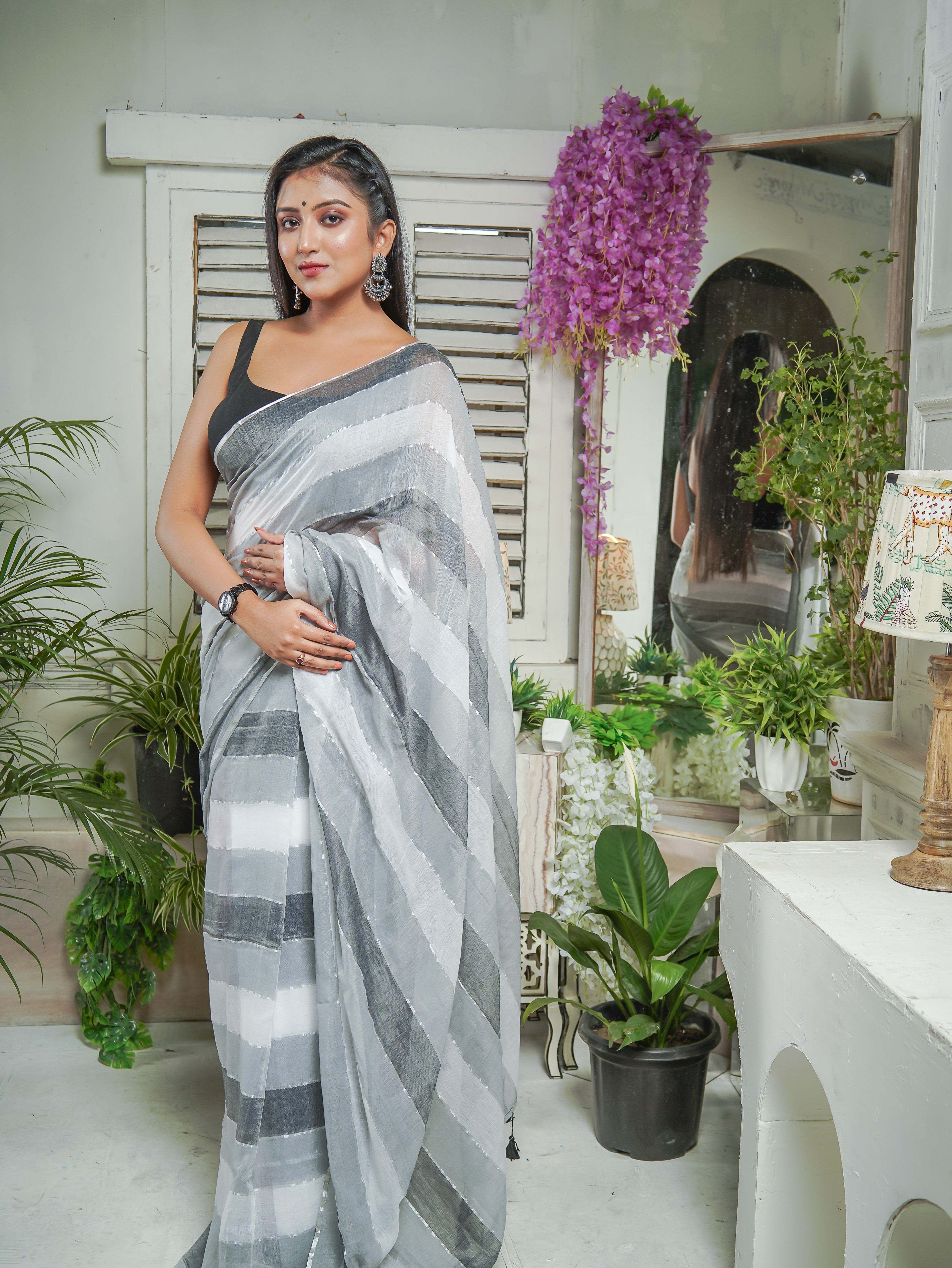 Multicolour Rainbow Mul Mul Cotton Saree White & Grey