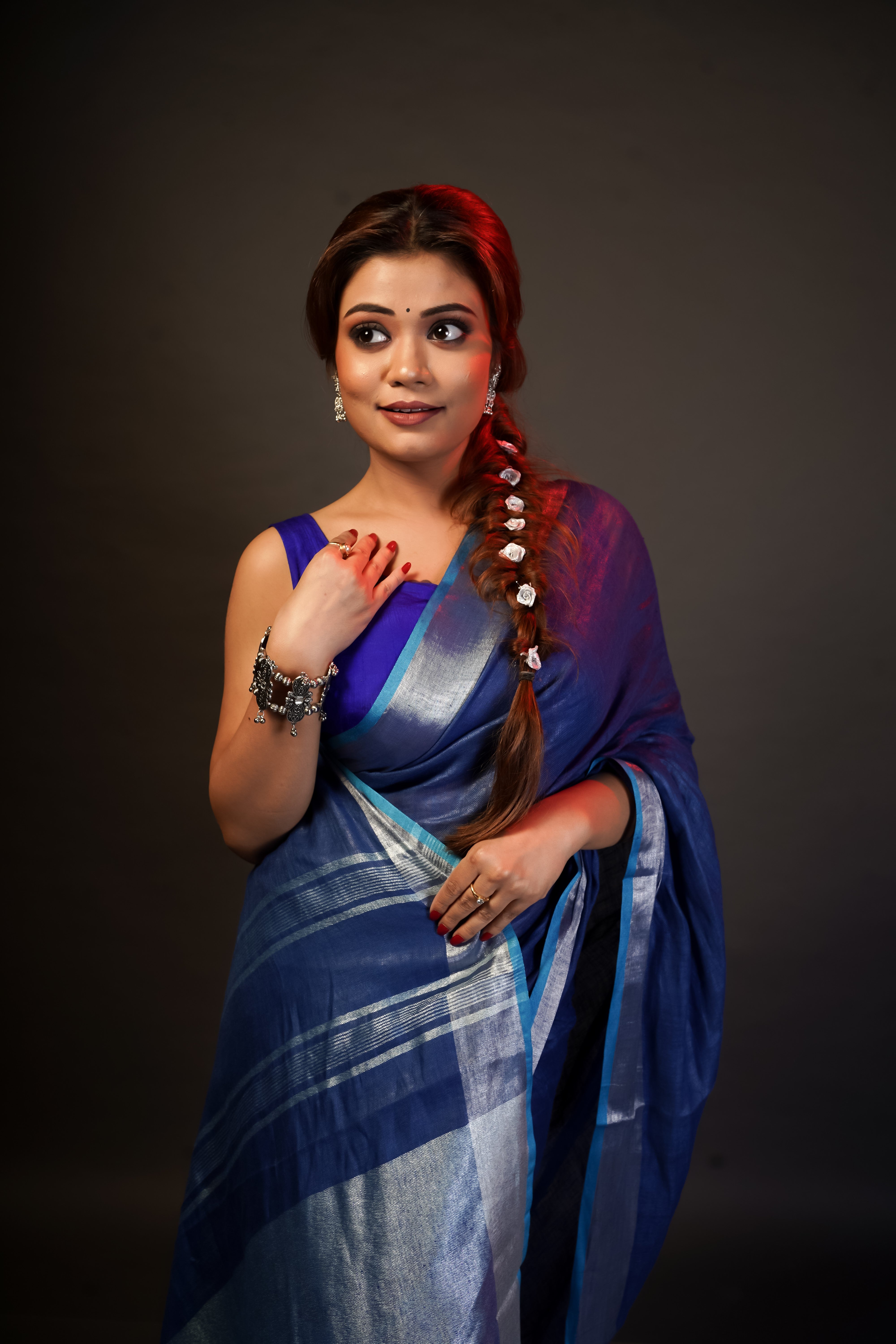 Navy Blue Silver Zari Pure Linen Saree