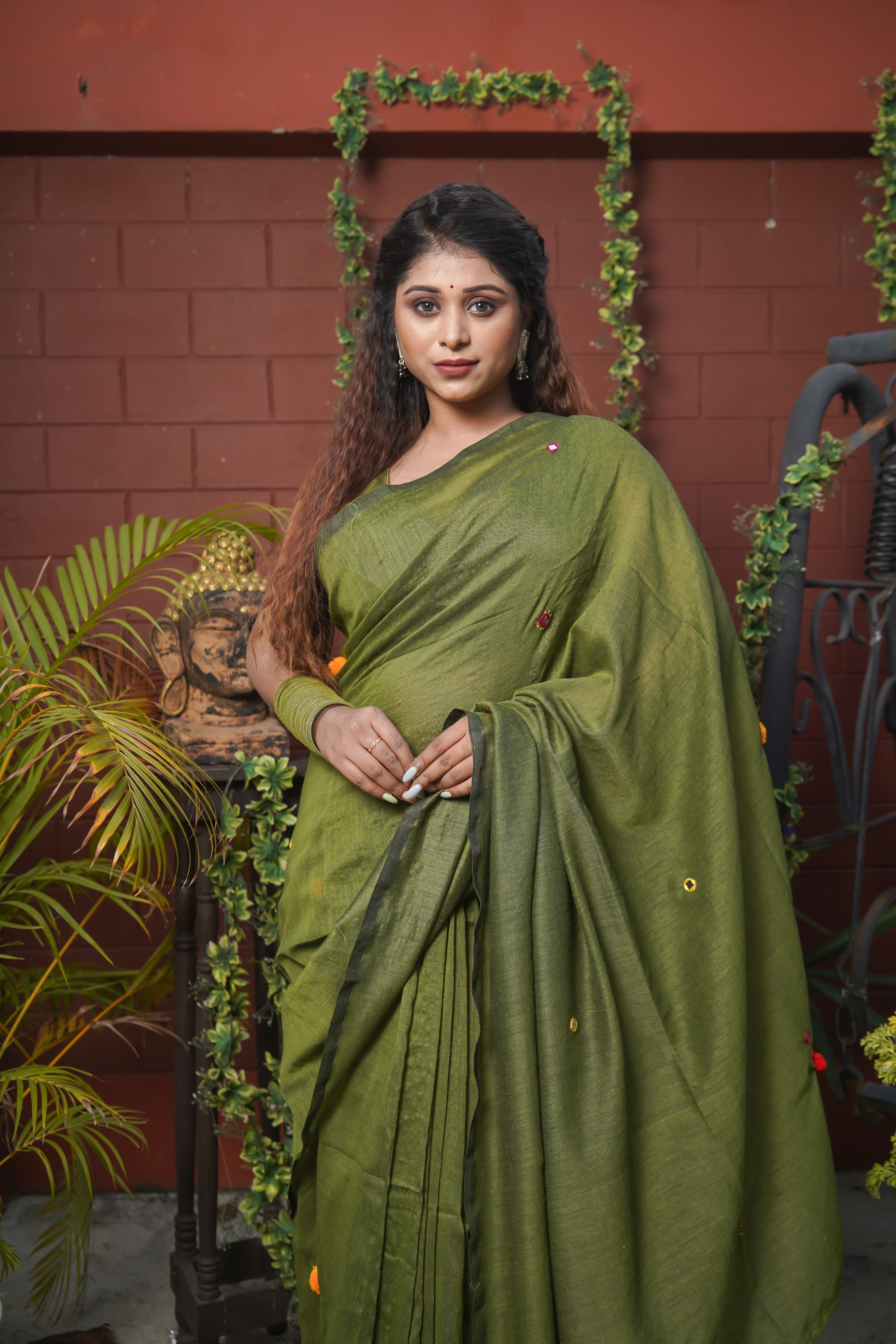 Olive Green Khadi Cotton Mirror Work Weaving Pompom Saree
