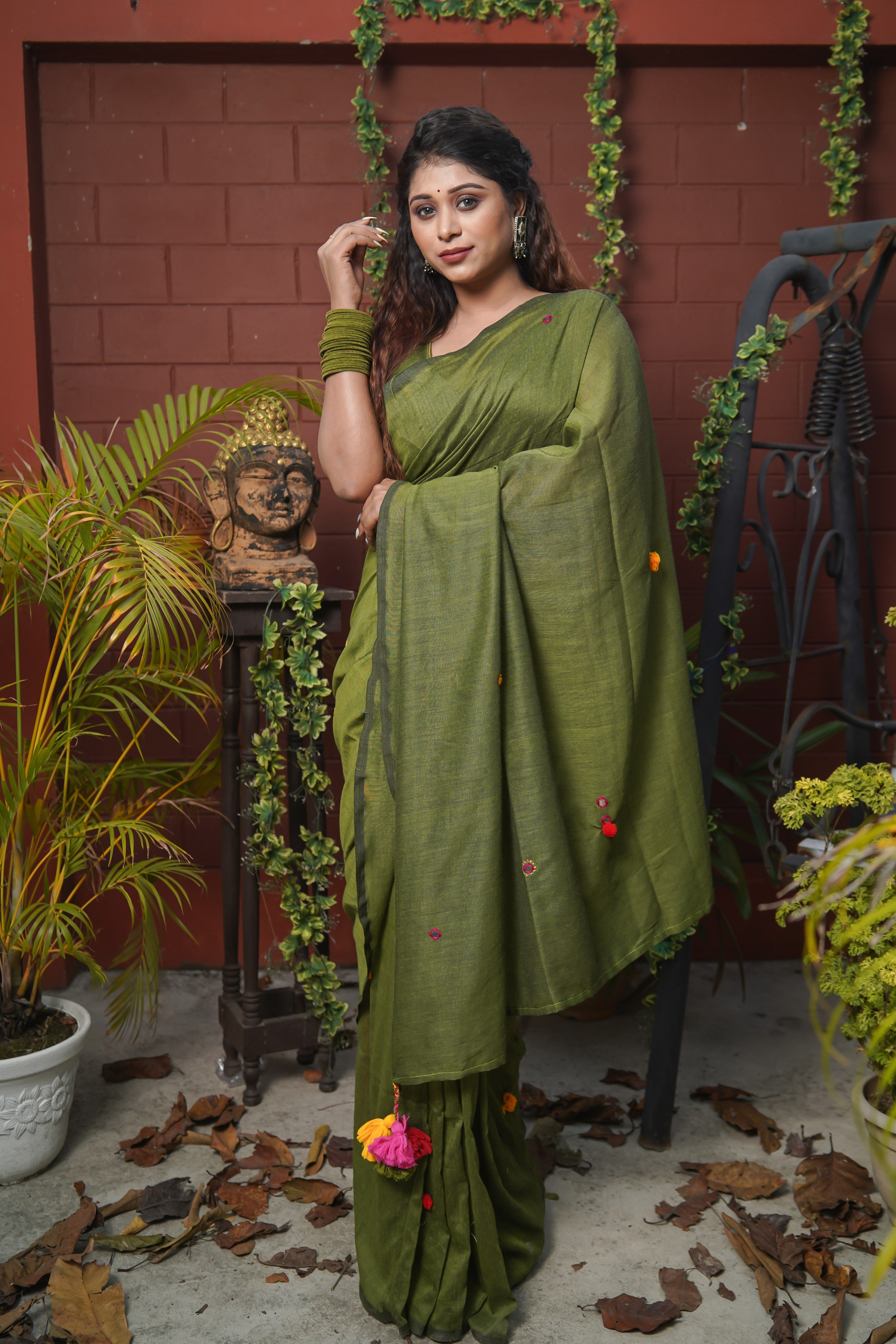 Olive Green Khadi Cotton Mirror Work Weaving Pompom Saree