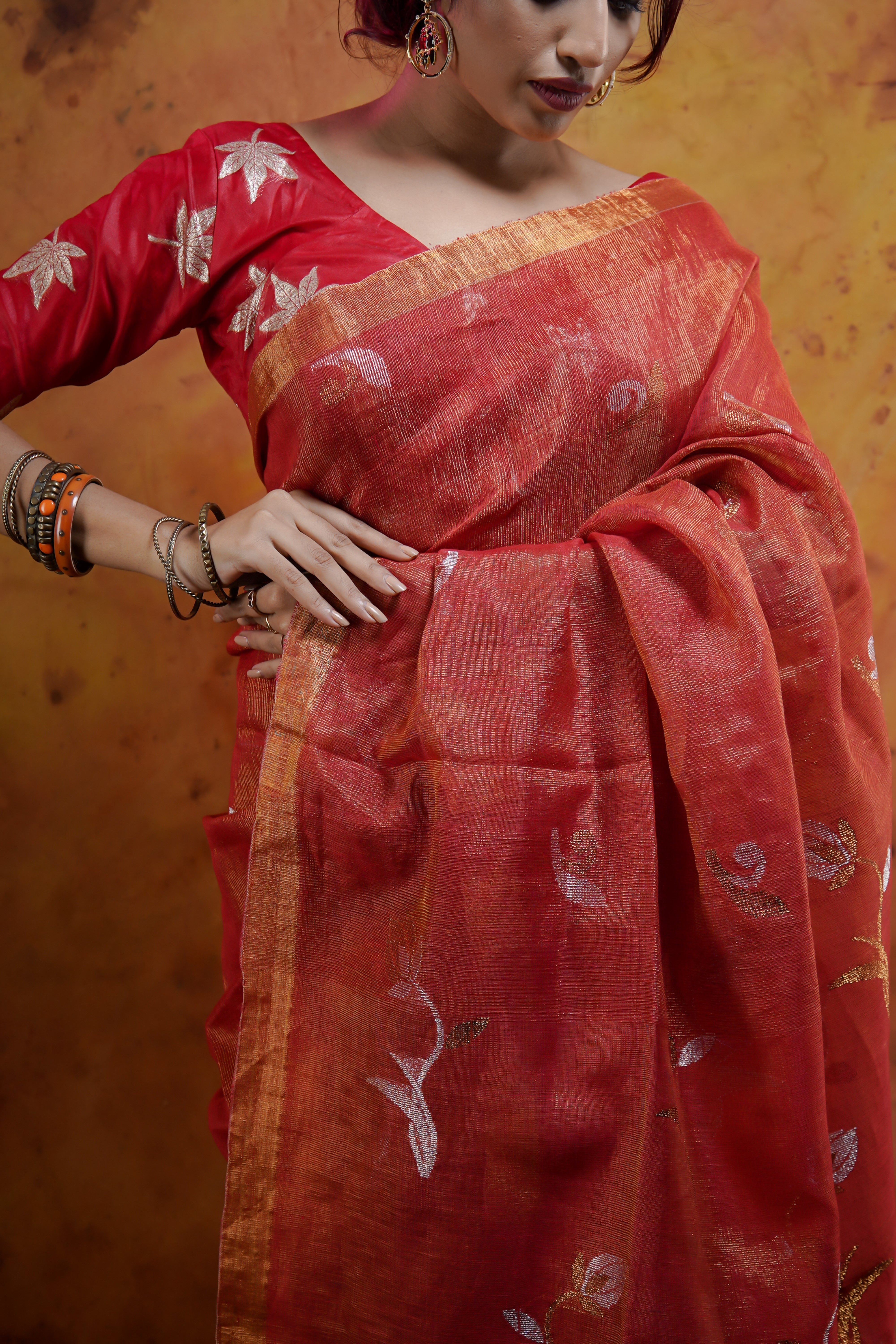 Orange Pure tissue Linen Handwoven Tulip Saree
