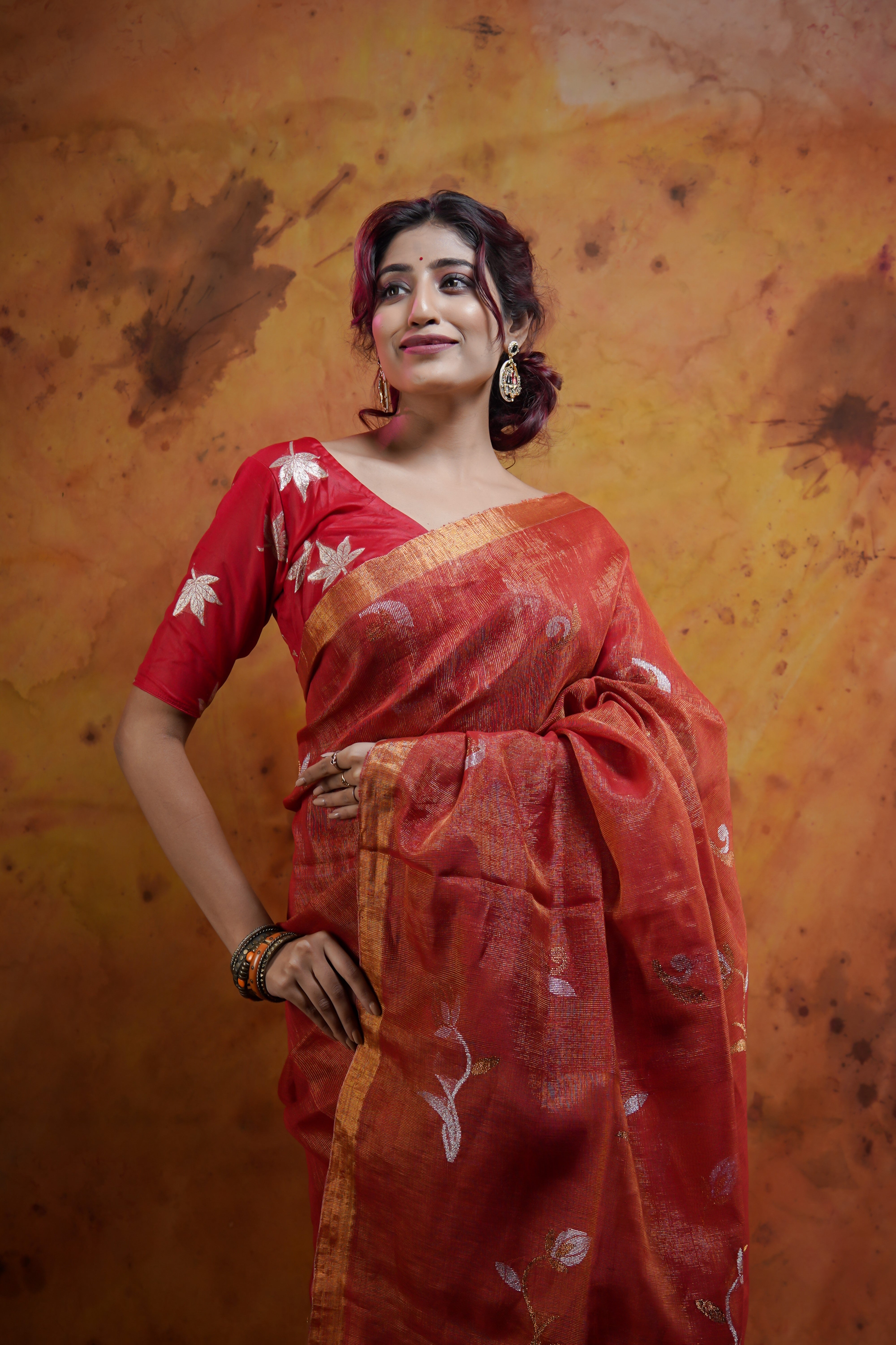 Orange Pure tissue Linen Handwoven Tulip Saree