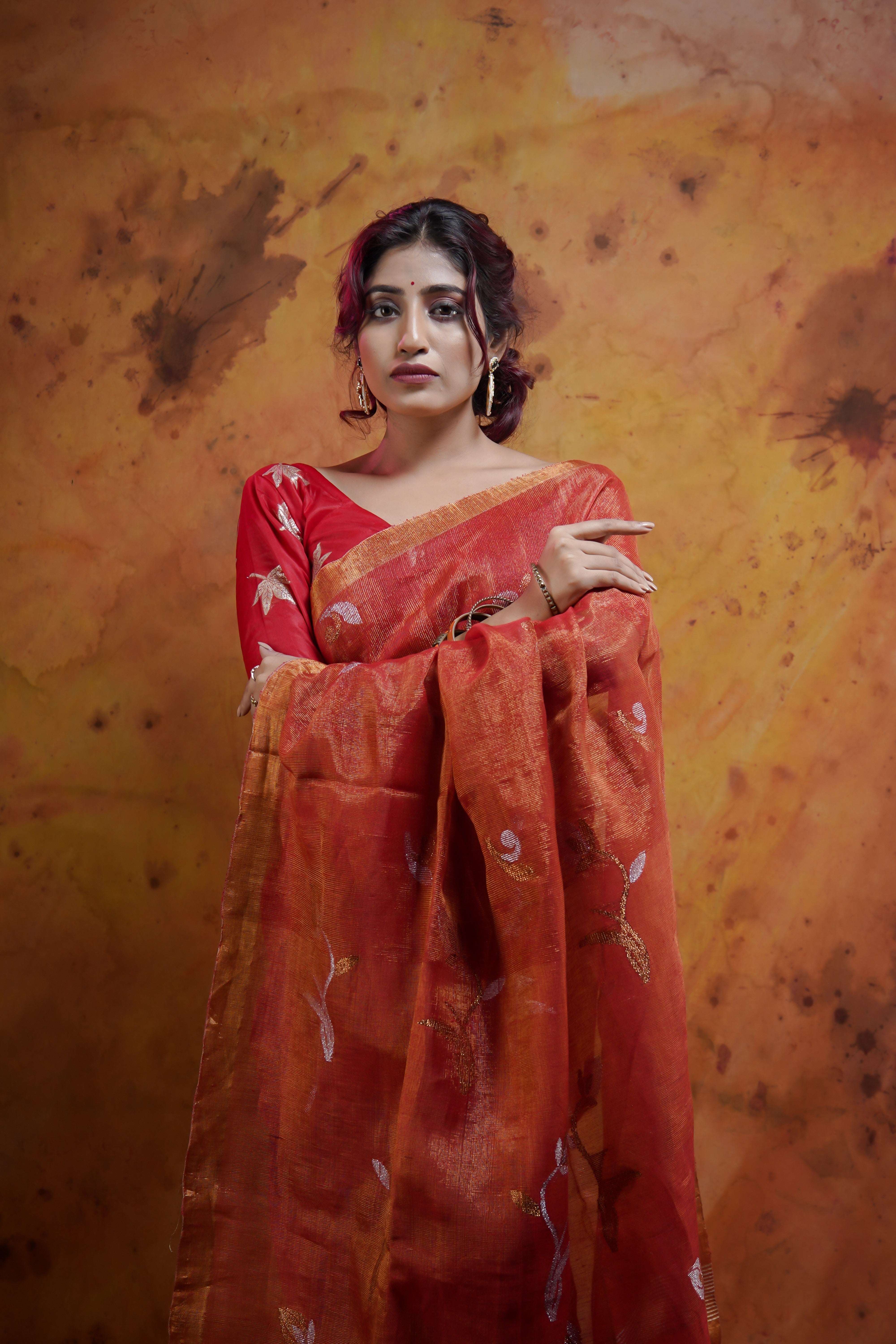 Orange Pure tissue Linen Handwoven Tulip Saree