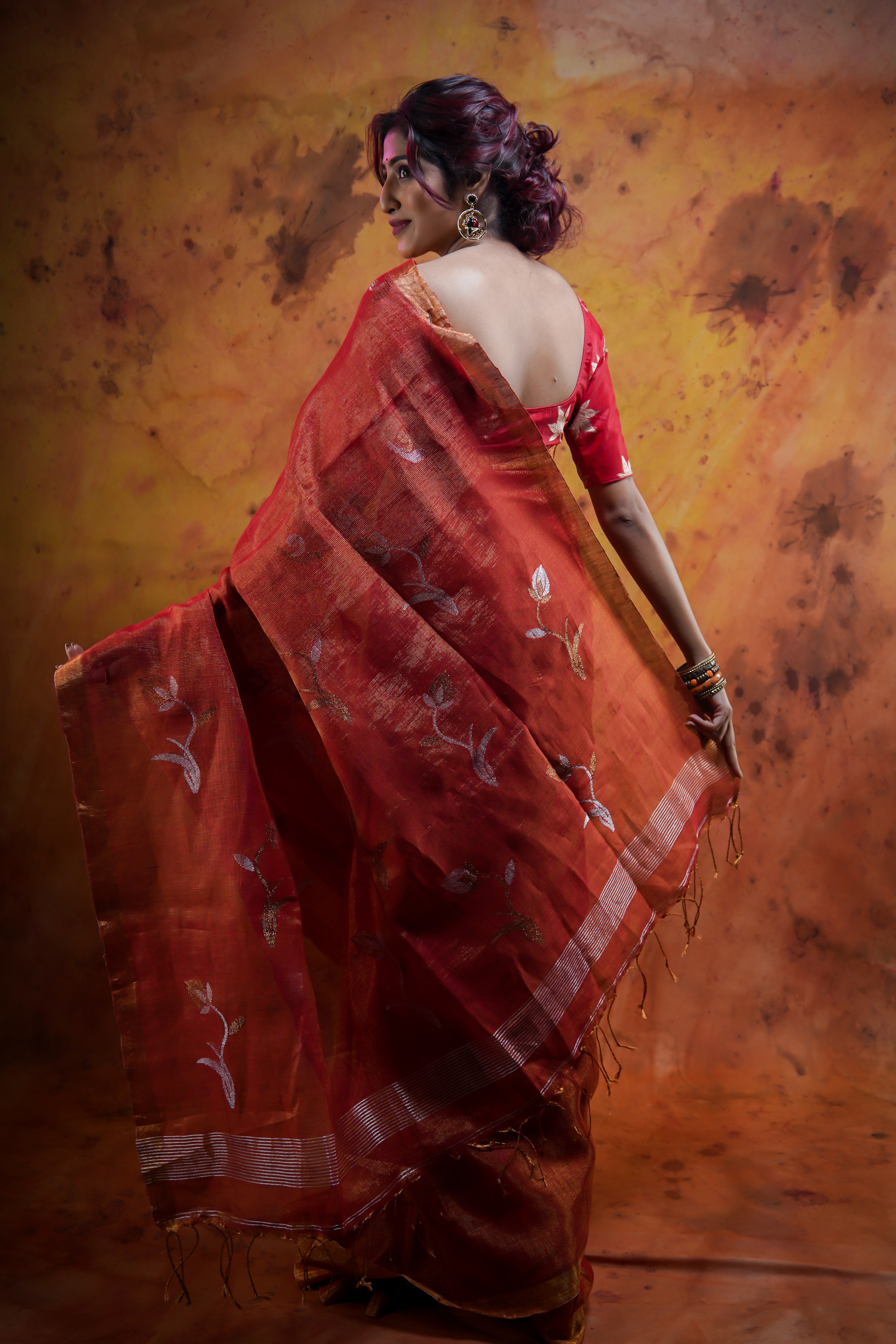 Orange Pure tissue Linen Handwoven Tulip Saree