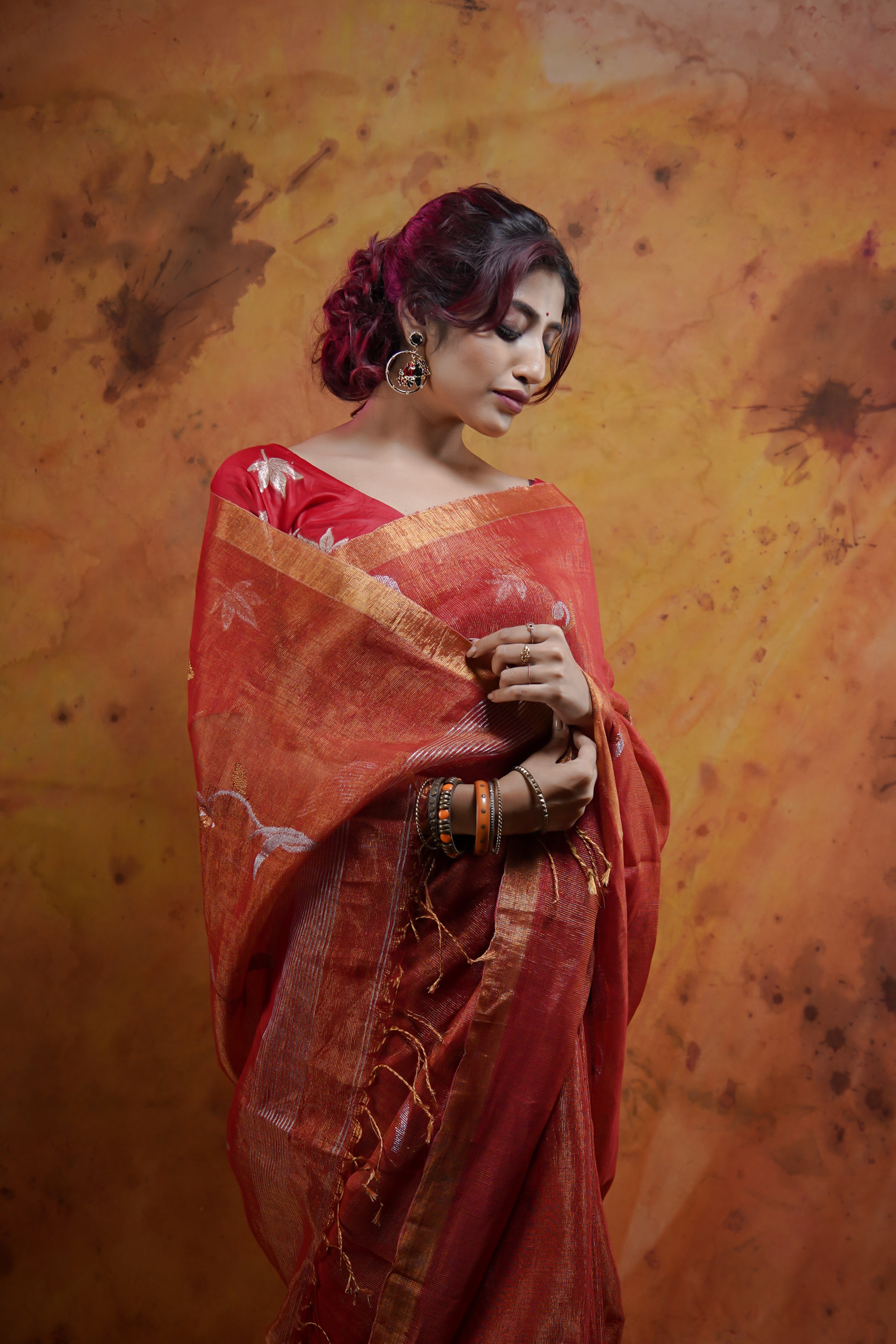 Orange Pure tissue Linen Handwoven Tulip Saree