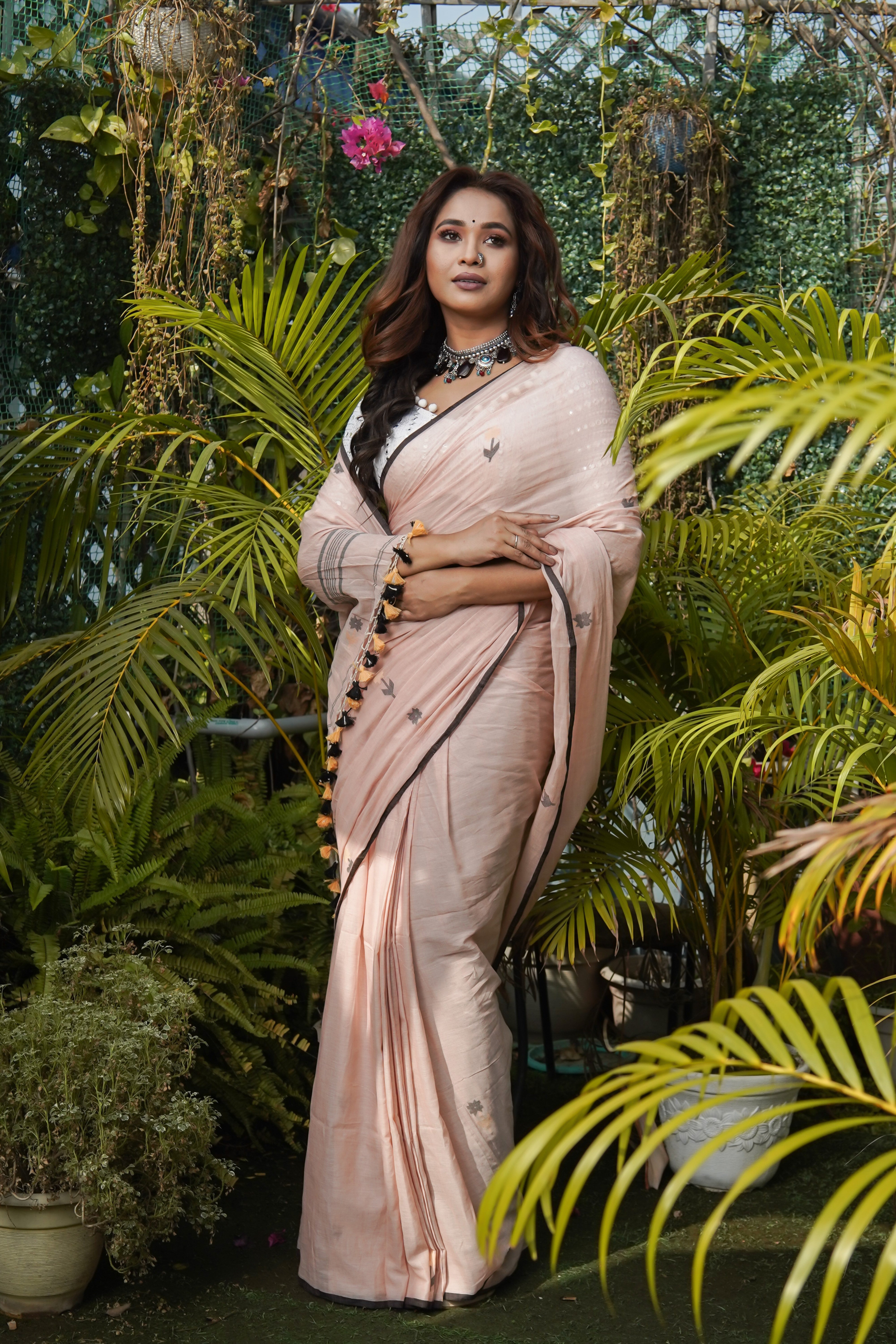 Peach Hand Weaving Mul Mul Cotton Saree