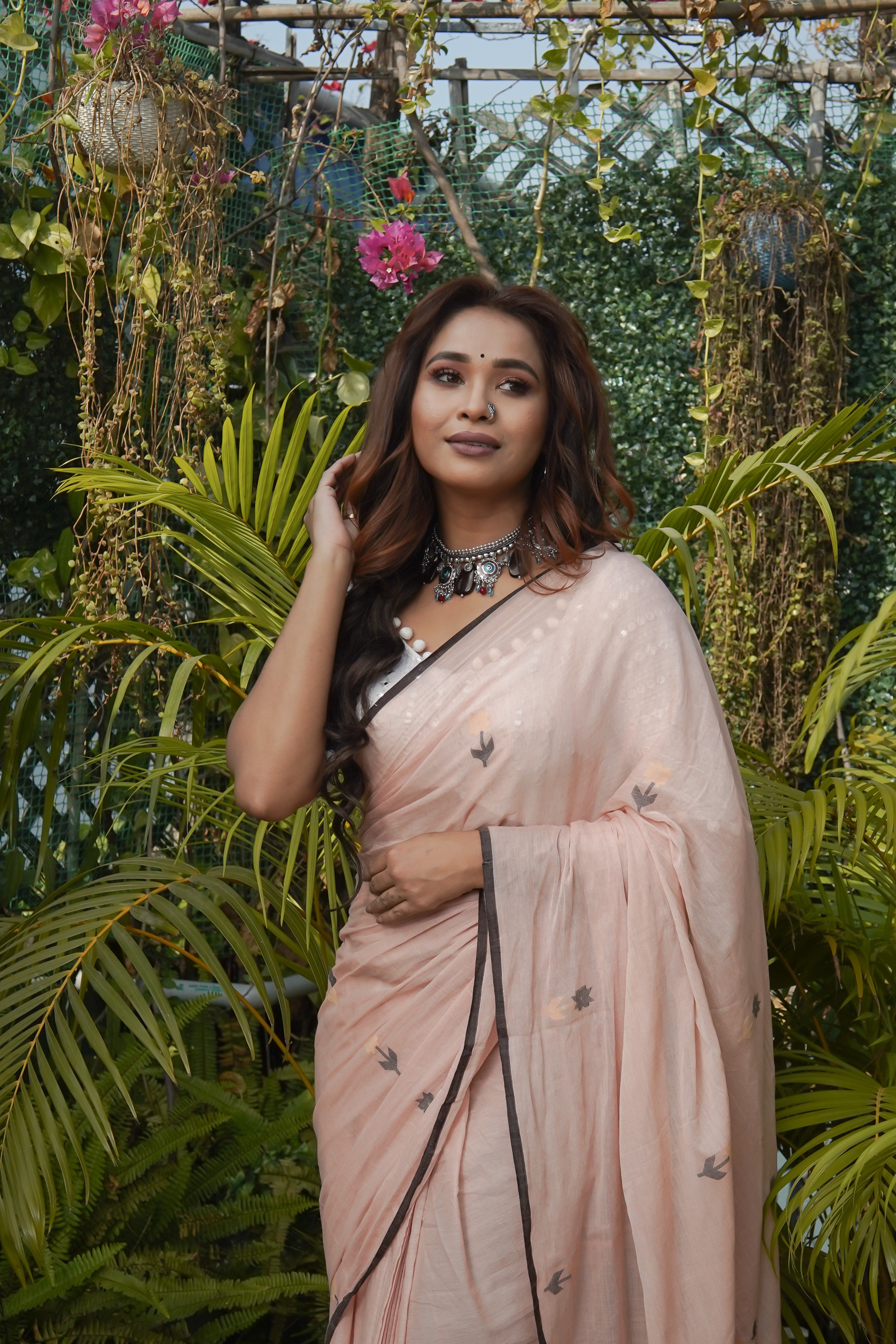 Peach Hand Weaving Mul Mul Cotton Saree