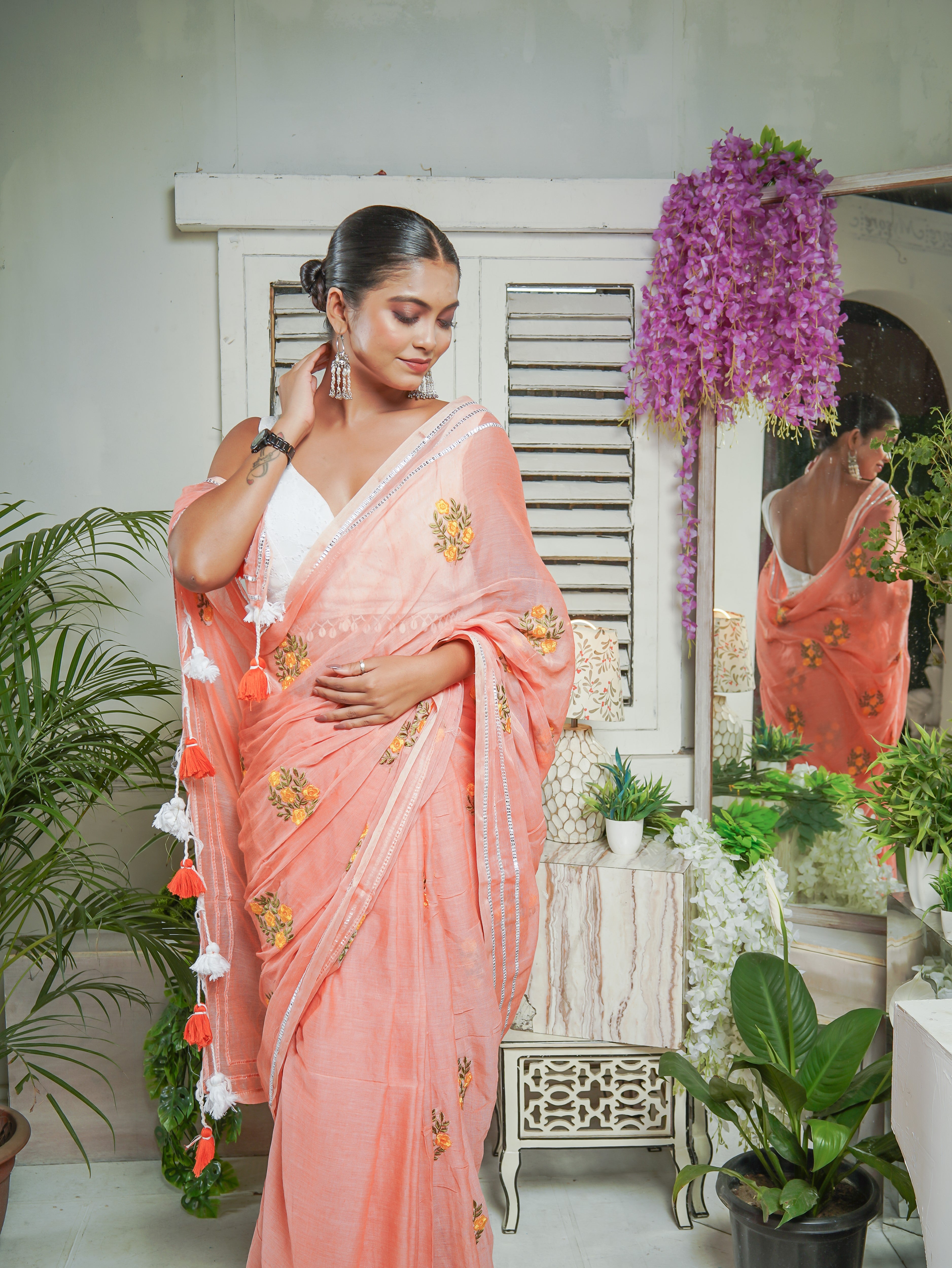 Peach Mul Mul Cotton Saree With Embroidery Work