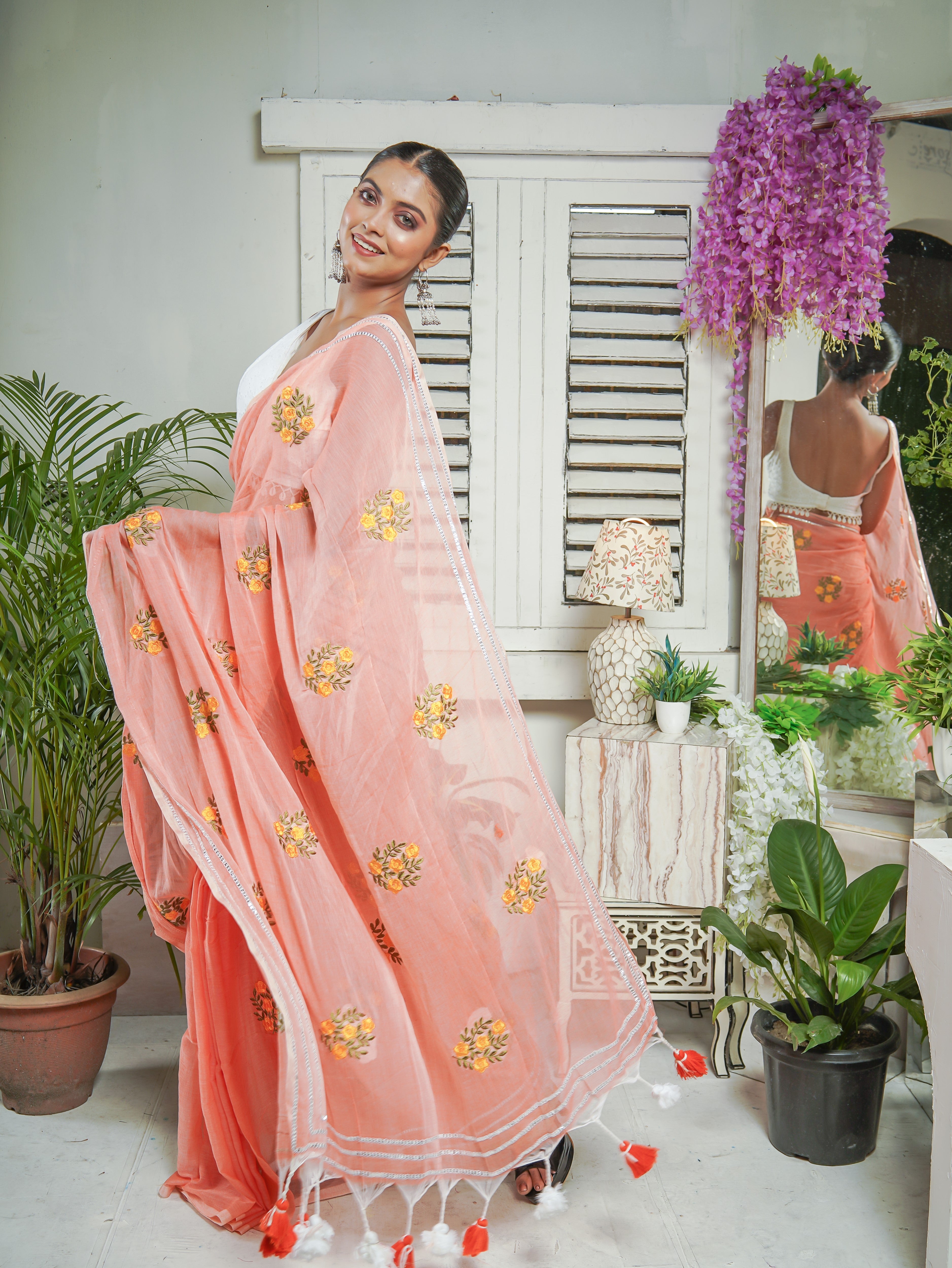 Peach Mul Mul Cotton Saree With Embroidery Work