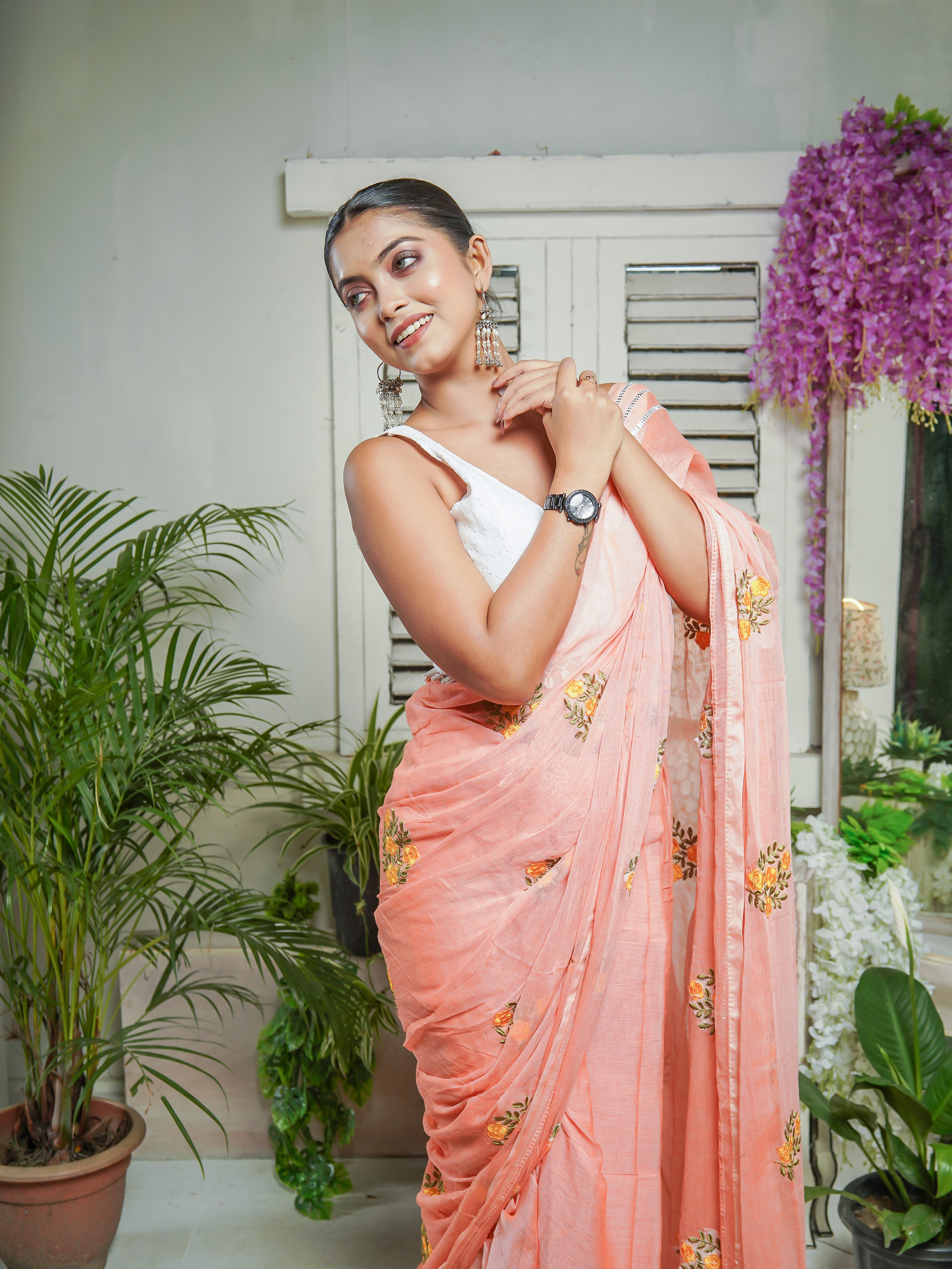 Peach Mul Mul Cotton Saree With Embroidery Work