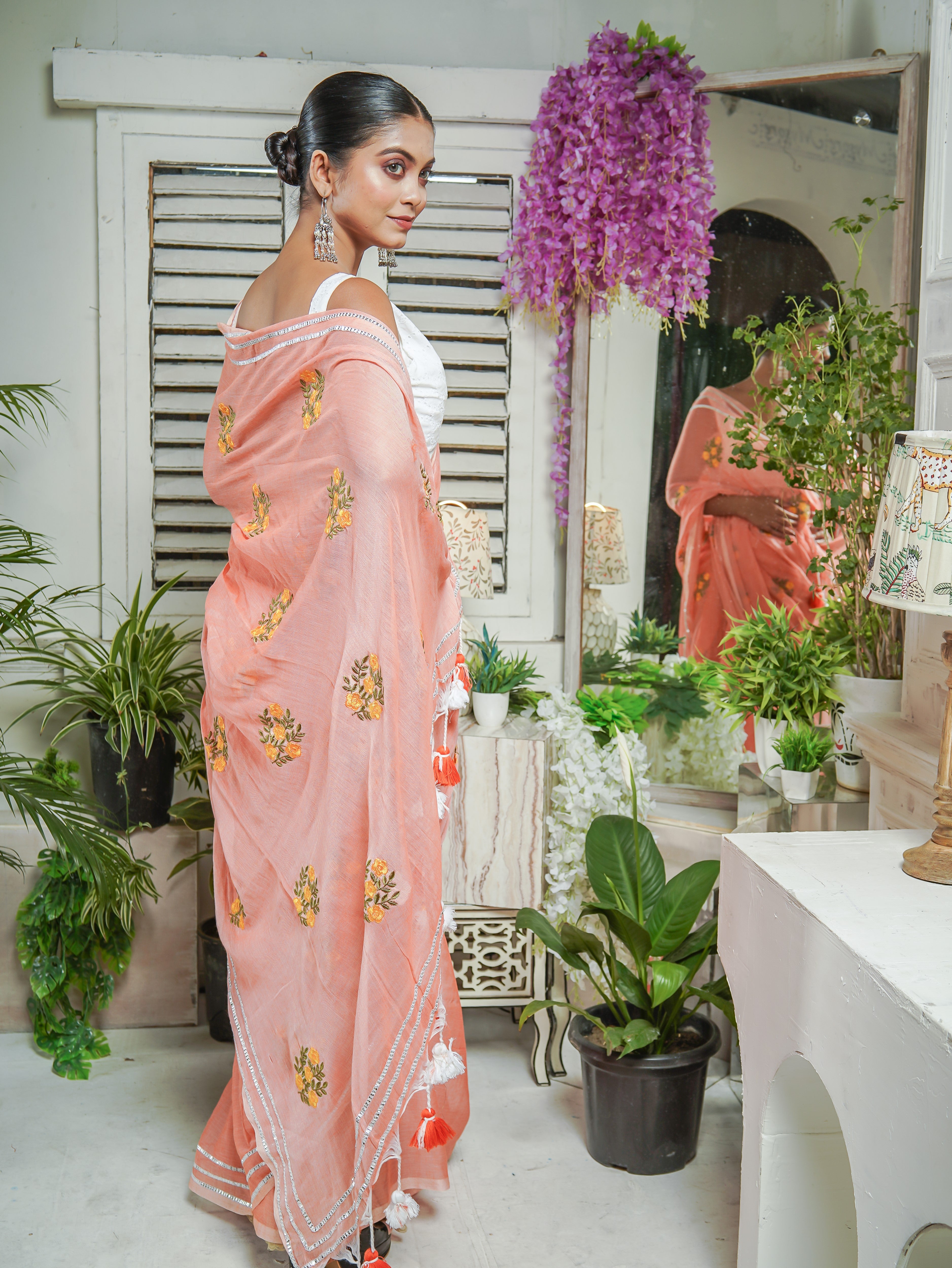 Peach Mul Mul Cotton Saree With Embroidery Work