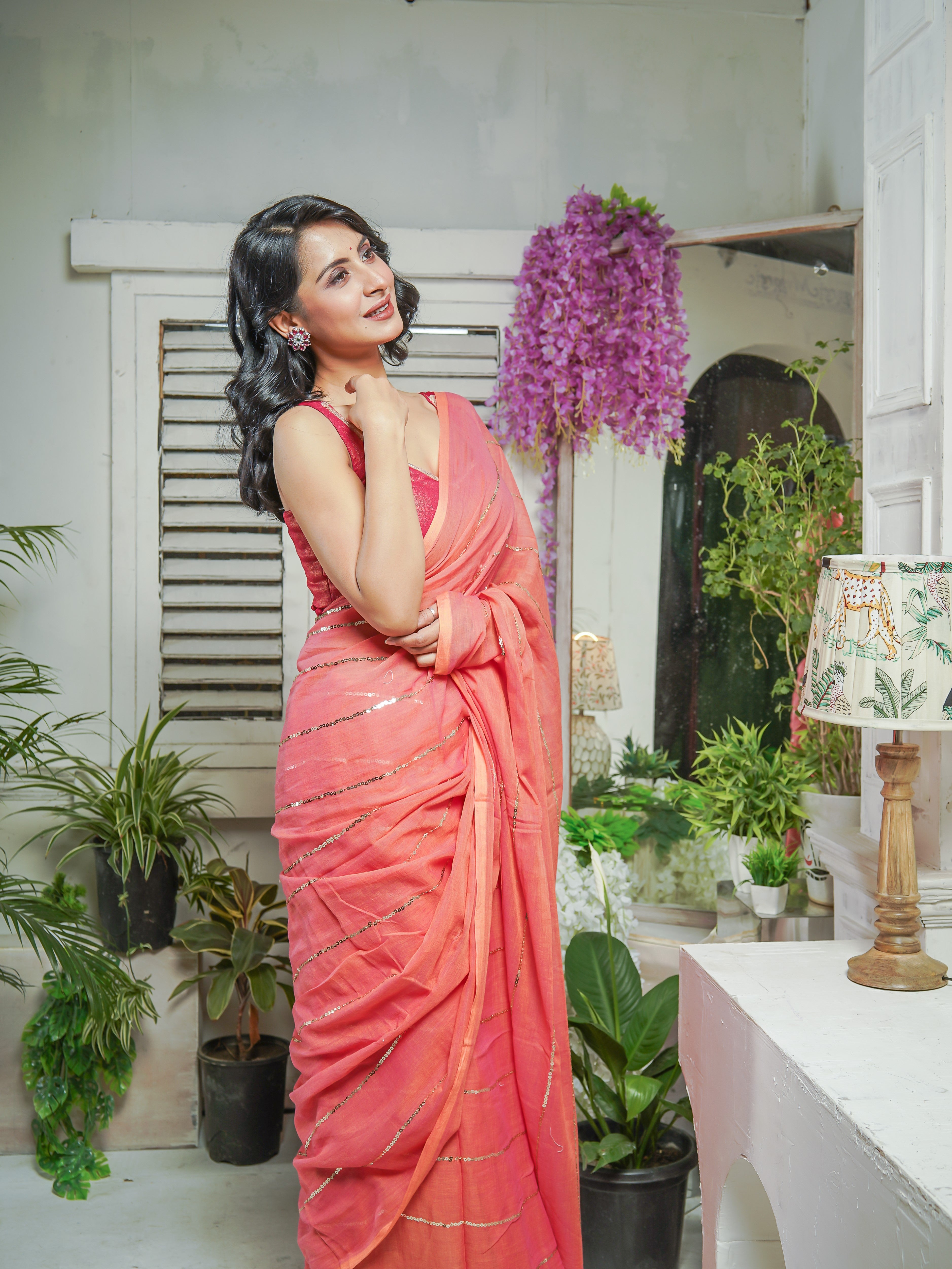 Peach Mulmul Cotton Saree All Over Sequence Work