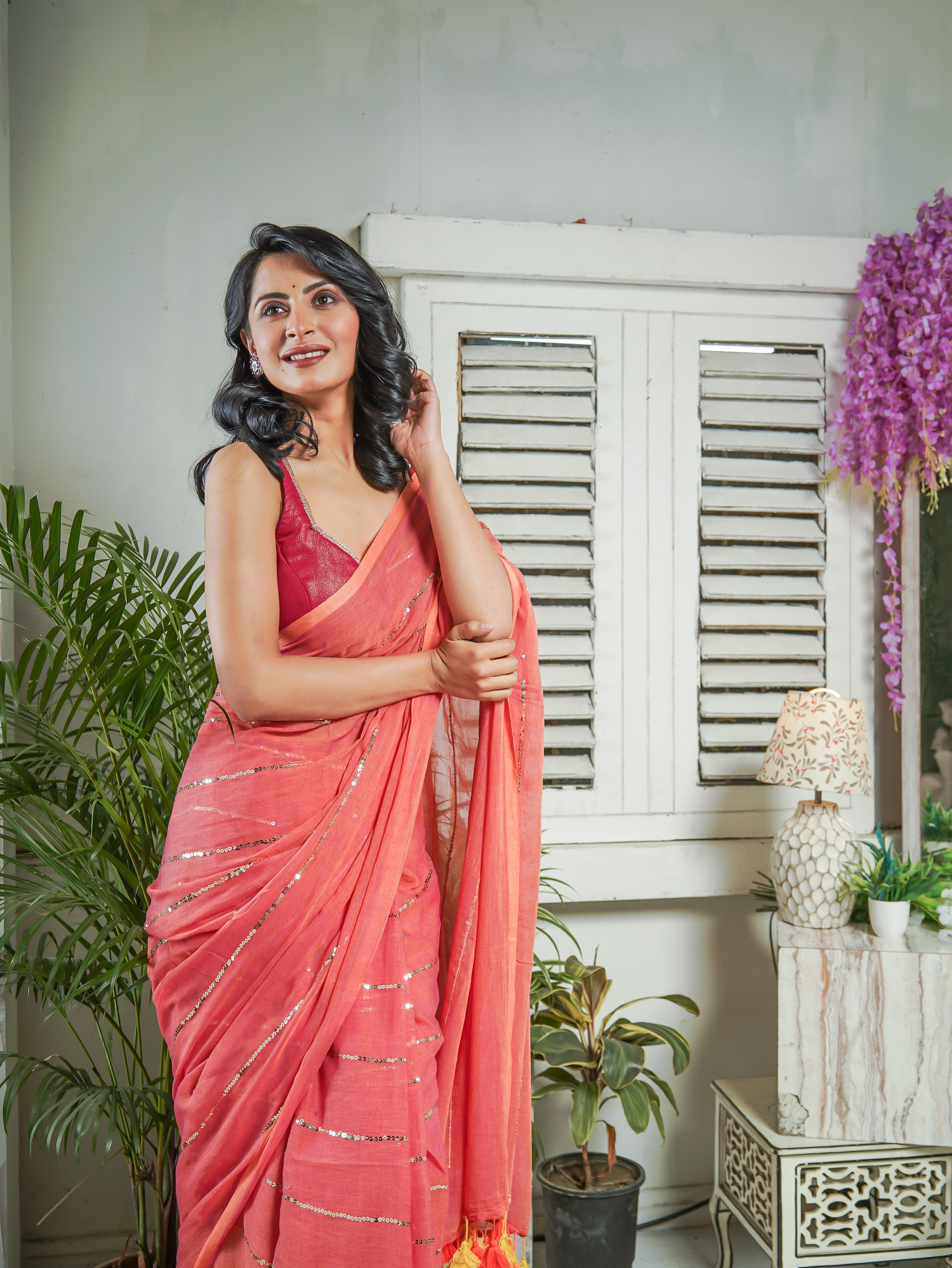 Peach Mulmul Cotton Saree All Over Sequence Work