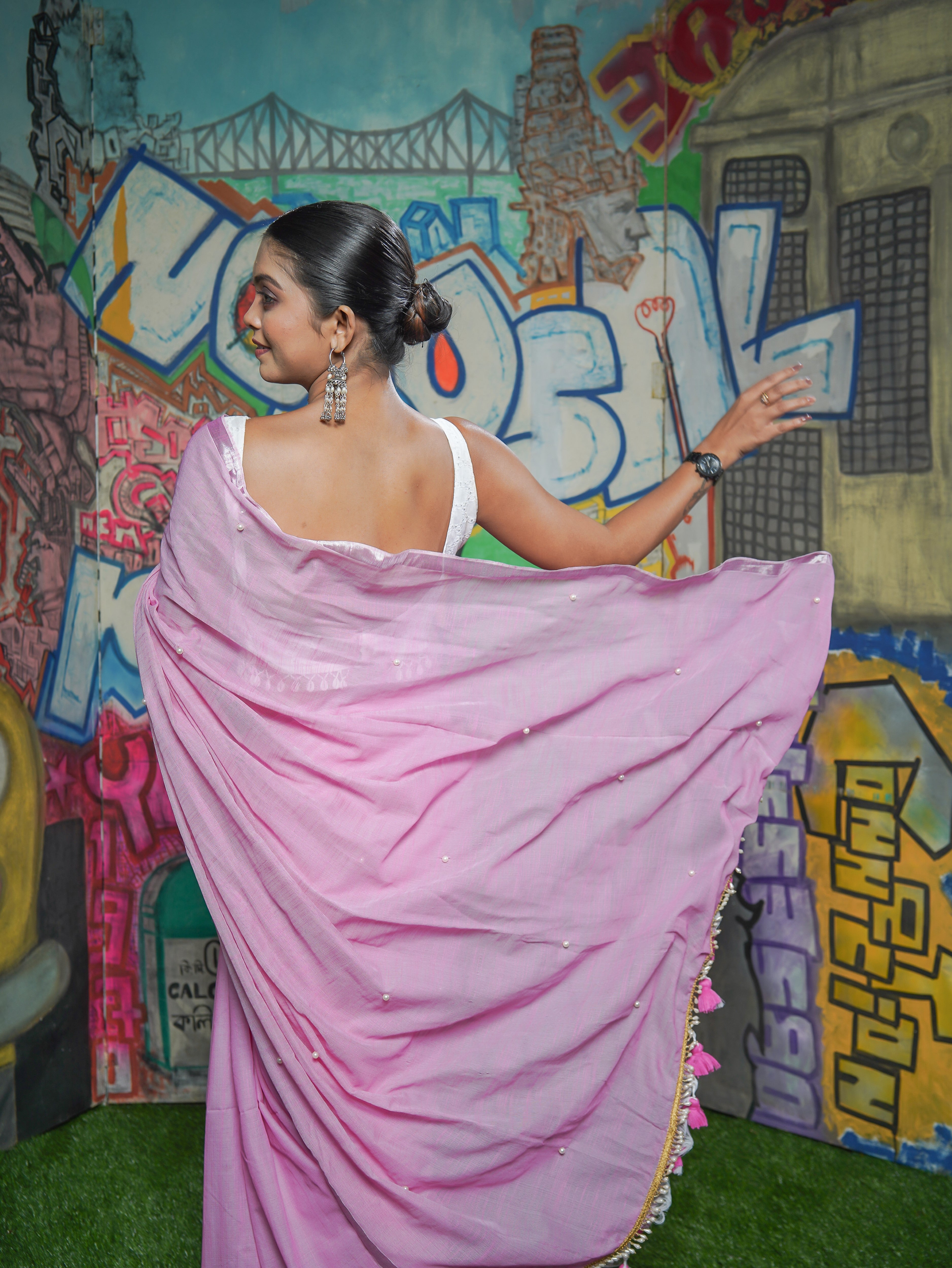 Pink Soft Cotton Saree with Moti Work