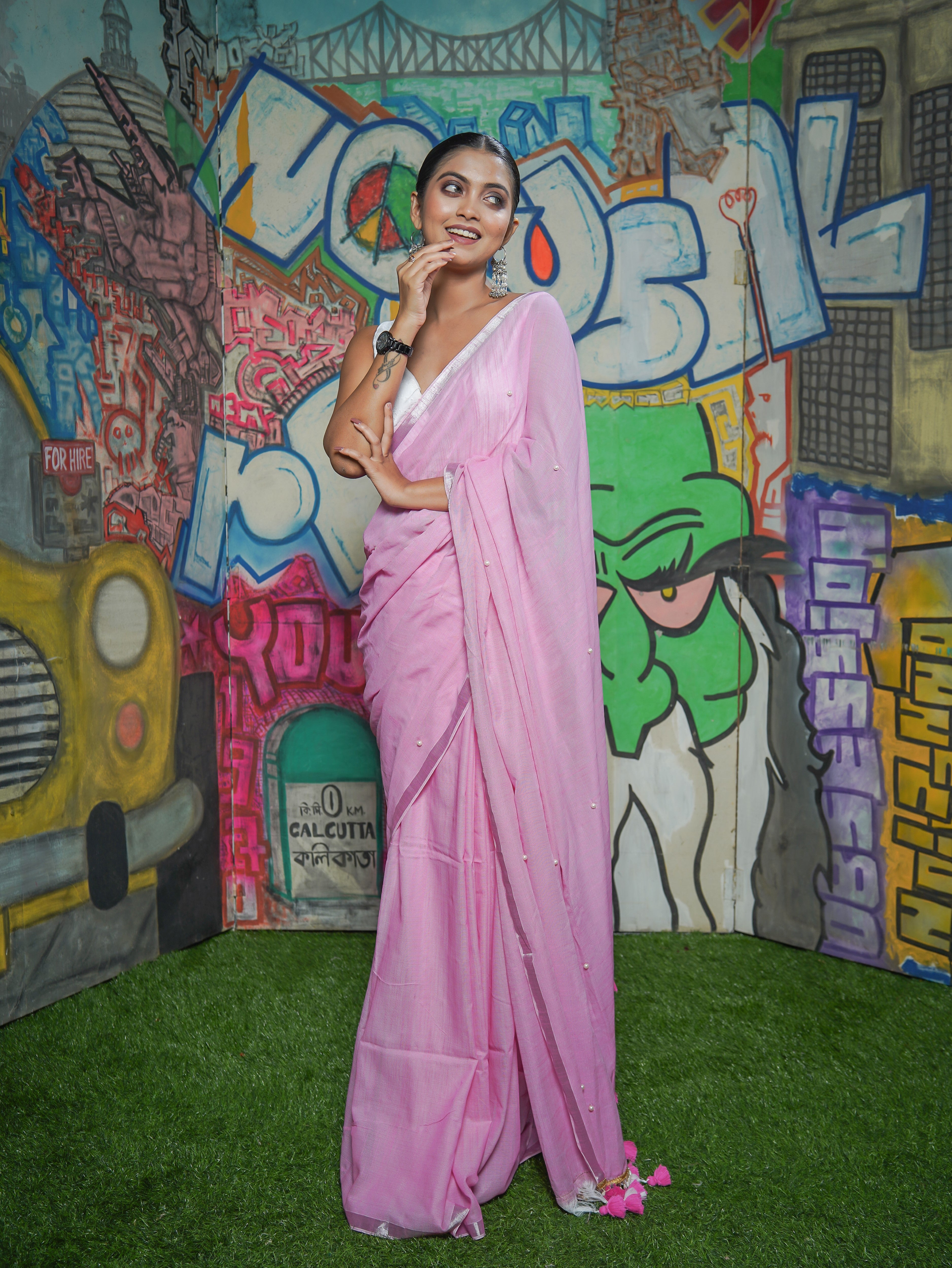 Pink Soft Cotton Saree with Moti Work