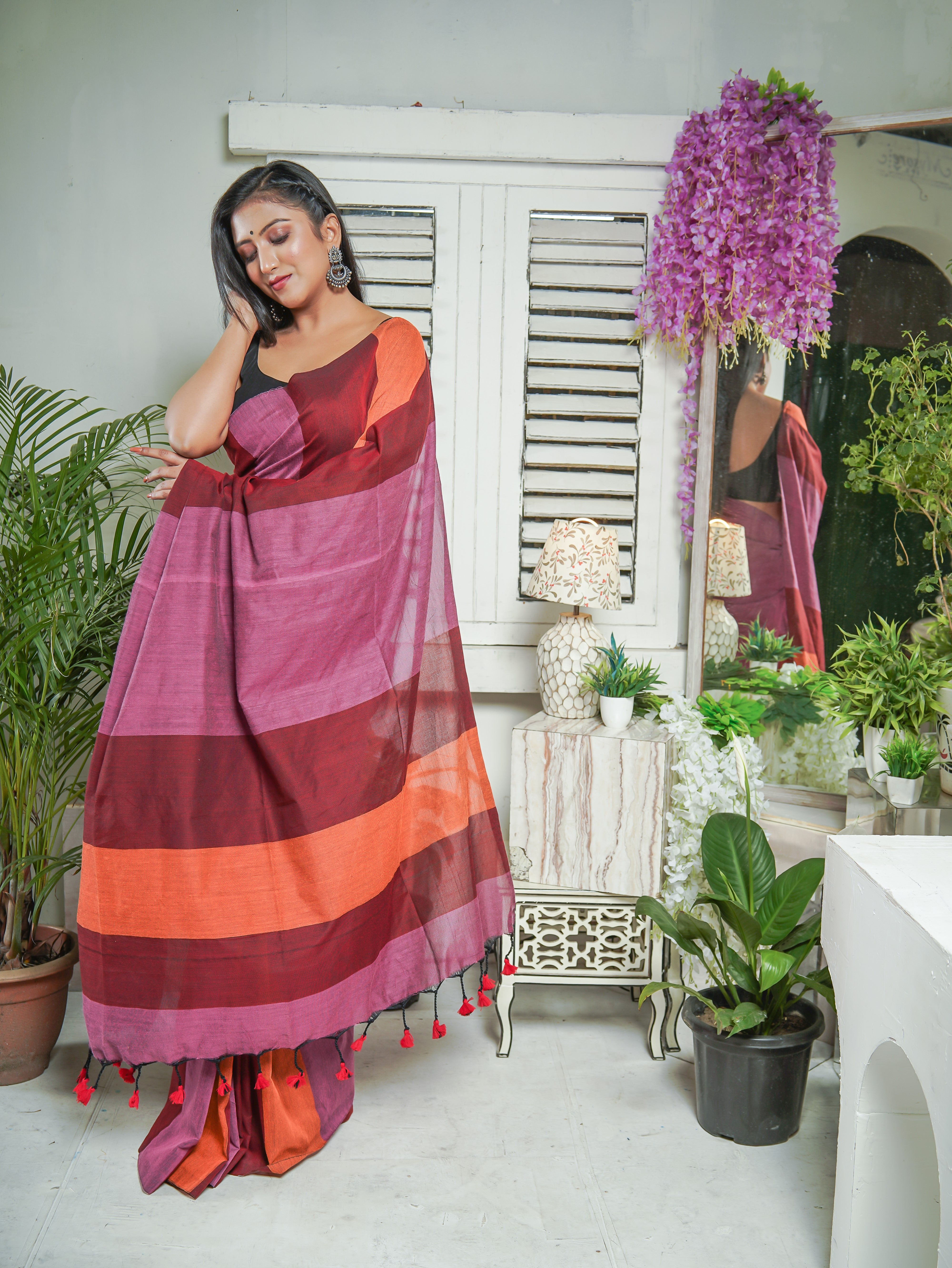 Pink & Maroon Multicoloure Check Khadi Cotton Saree