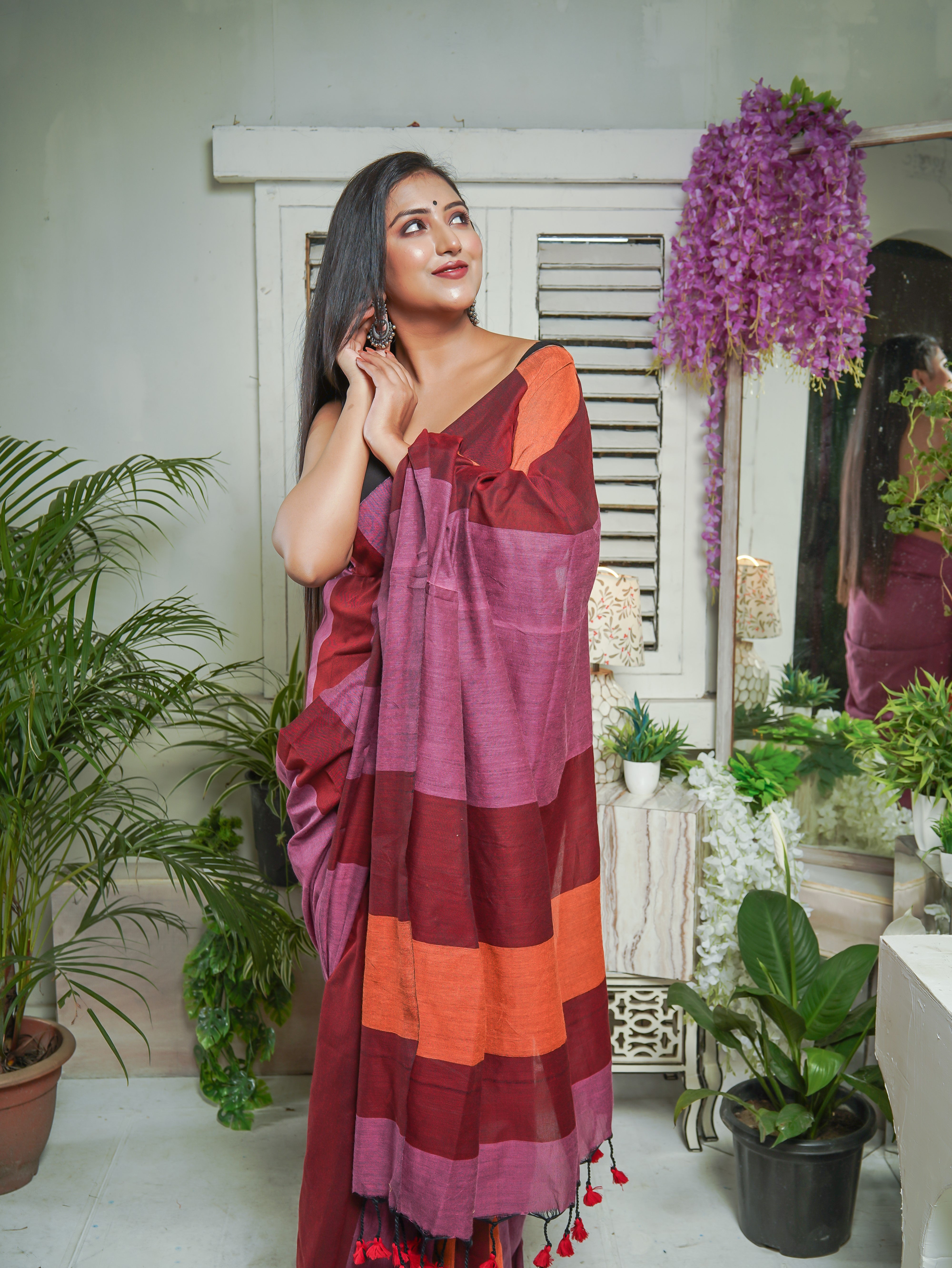 Pink & Maroon Multicoloure Check Khadi Cotton Saree