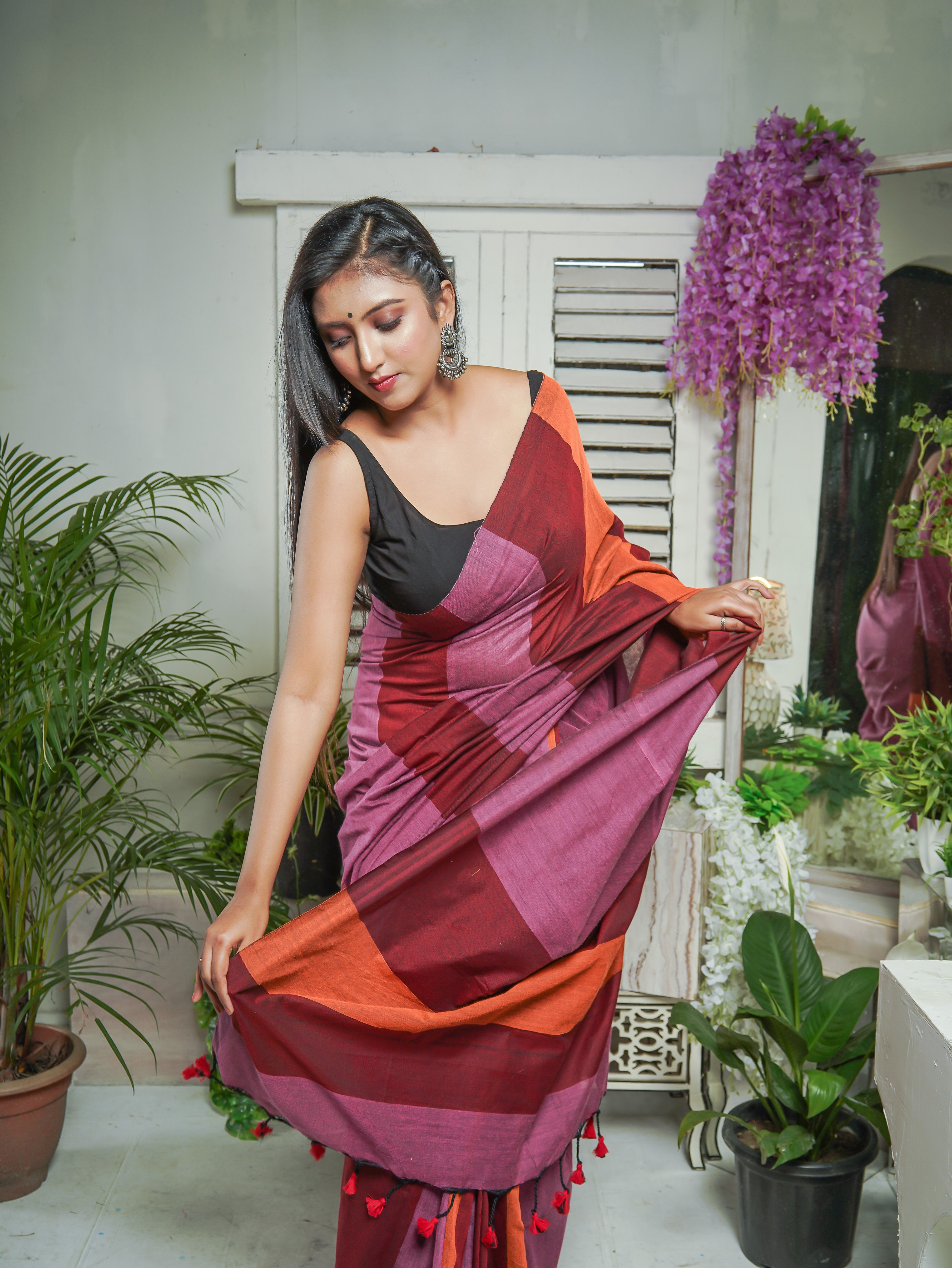 Pink & Maroon Multicoloure Check Khadi Cotton Saree