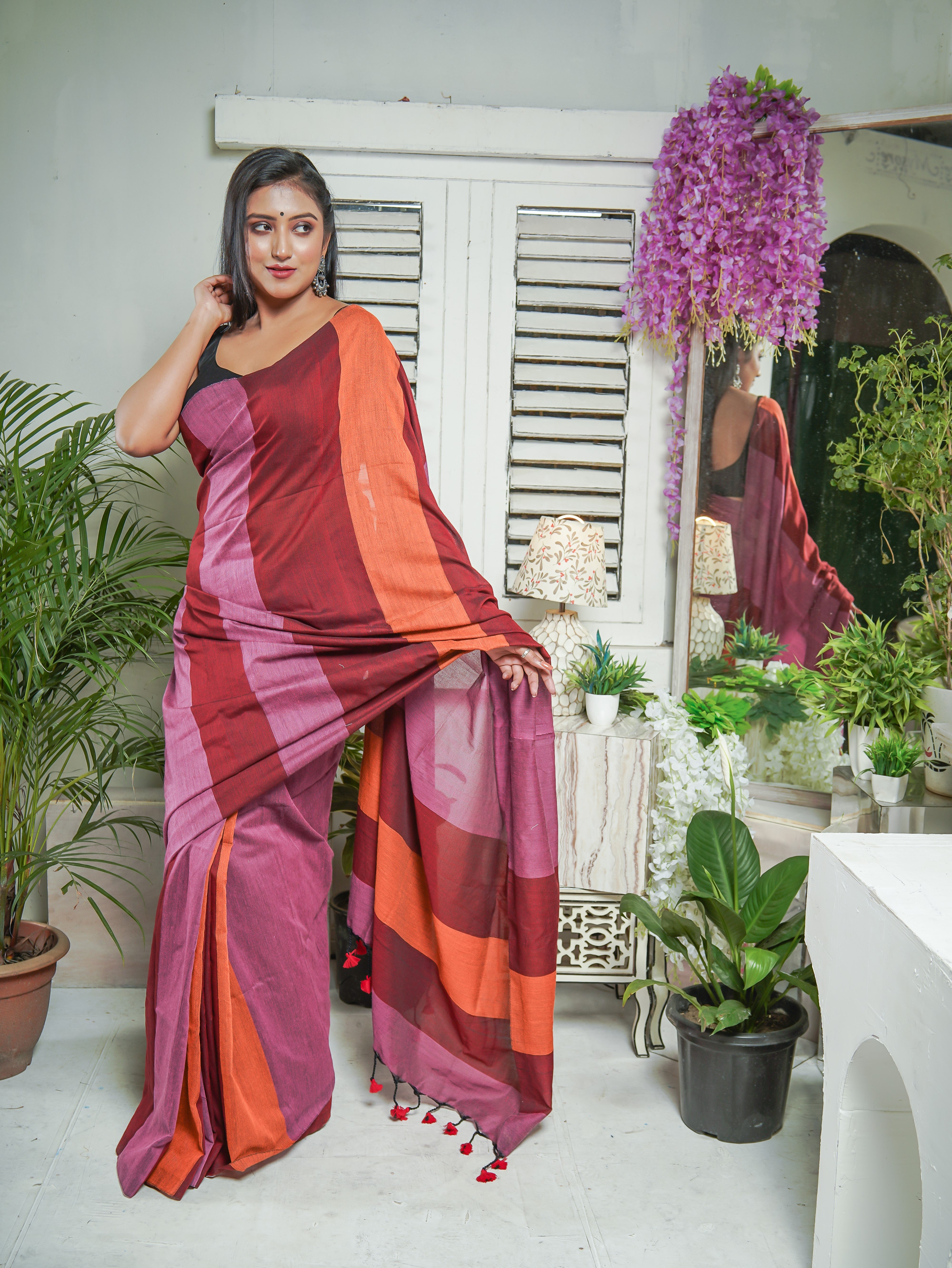 Pink & Maroon Multicoloure Check Khadi Cotton Saree
