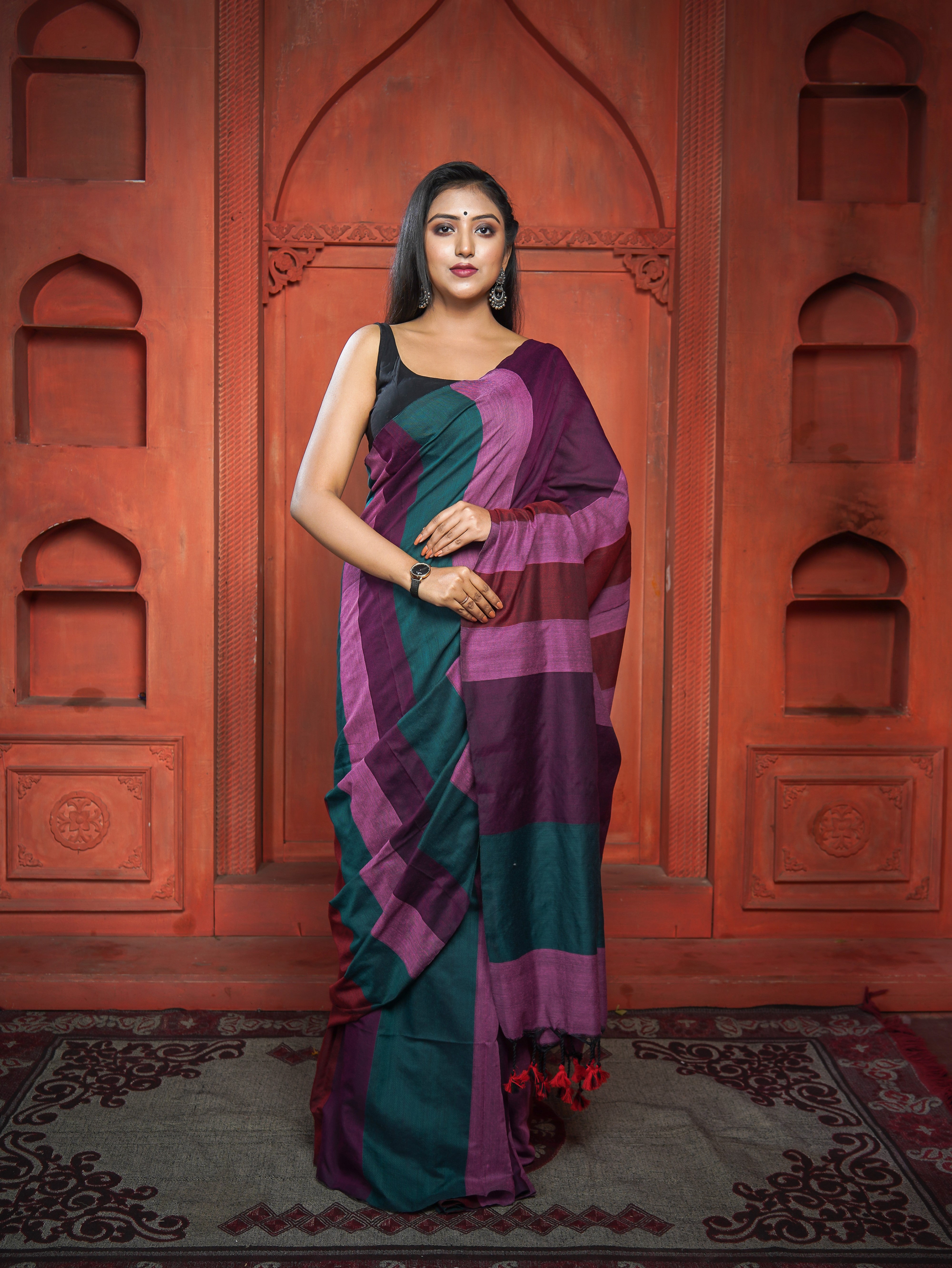Pink & Purple Multicoloure Check Khadi Cotton Saree