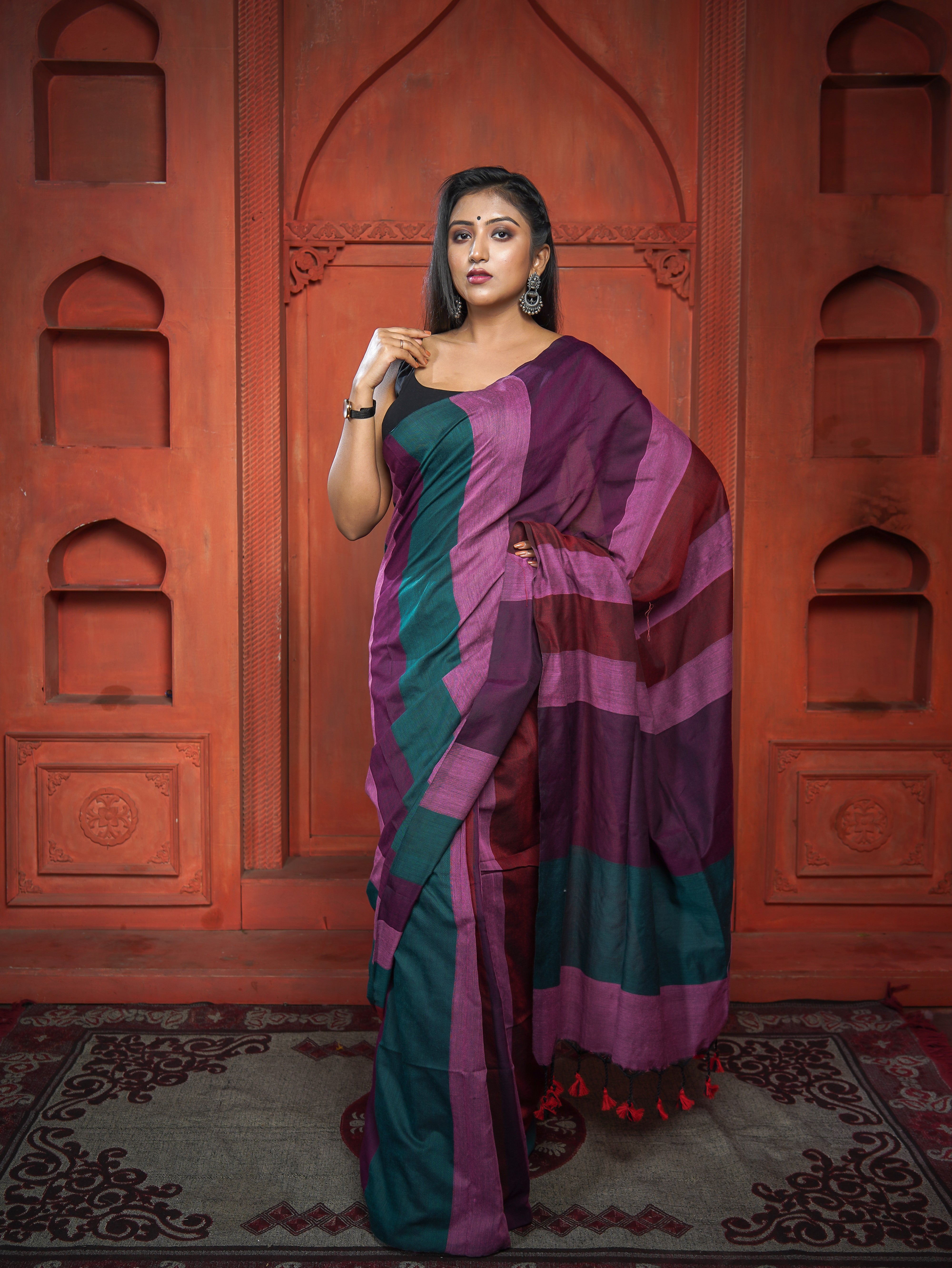 Pink & Purple Multicoloure Check Khadi Cotton Saree