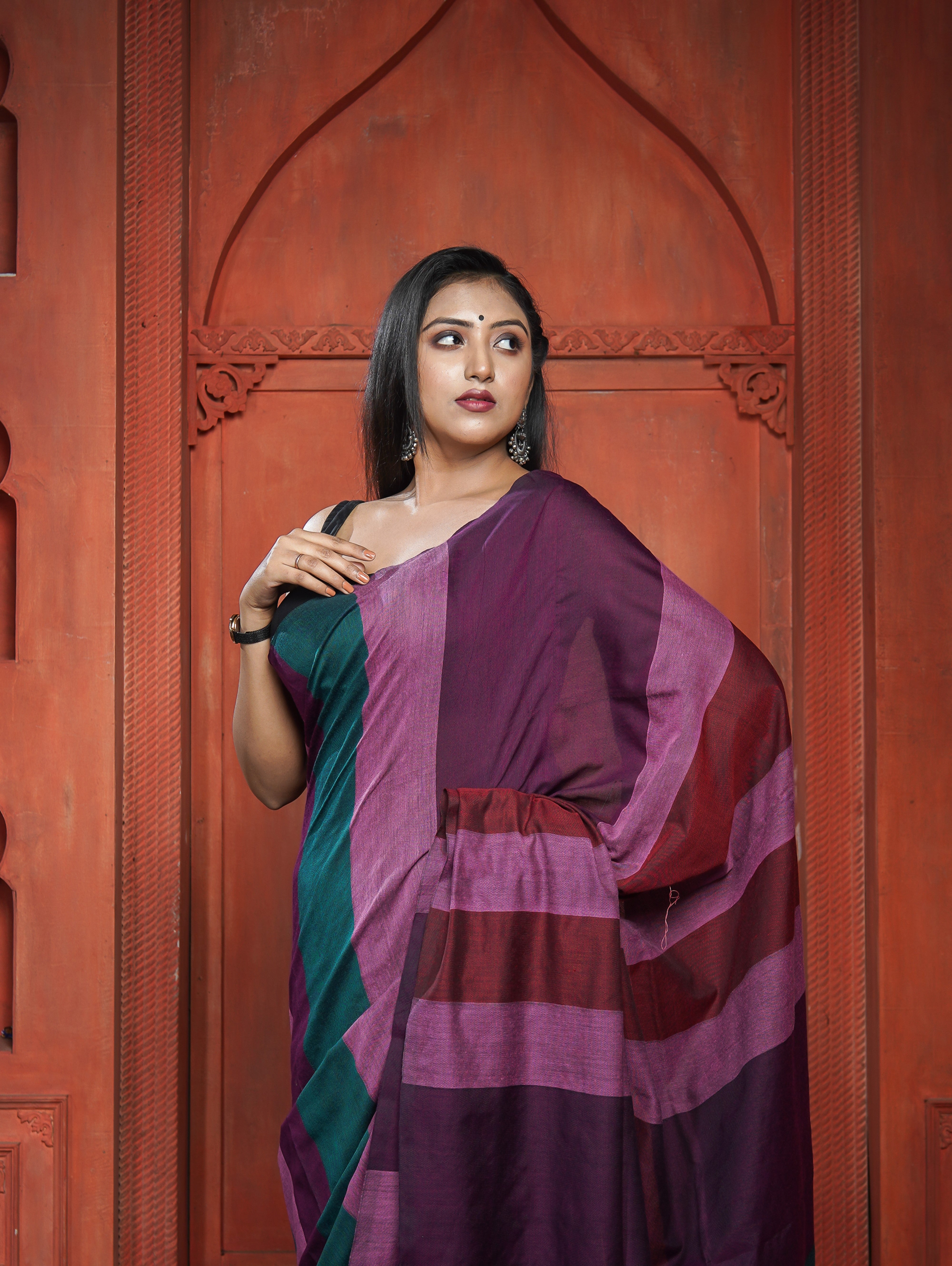 Pink & Purple Multicoloure Check Khadi Cotton Saree