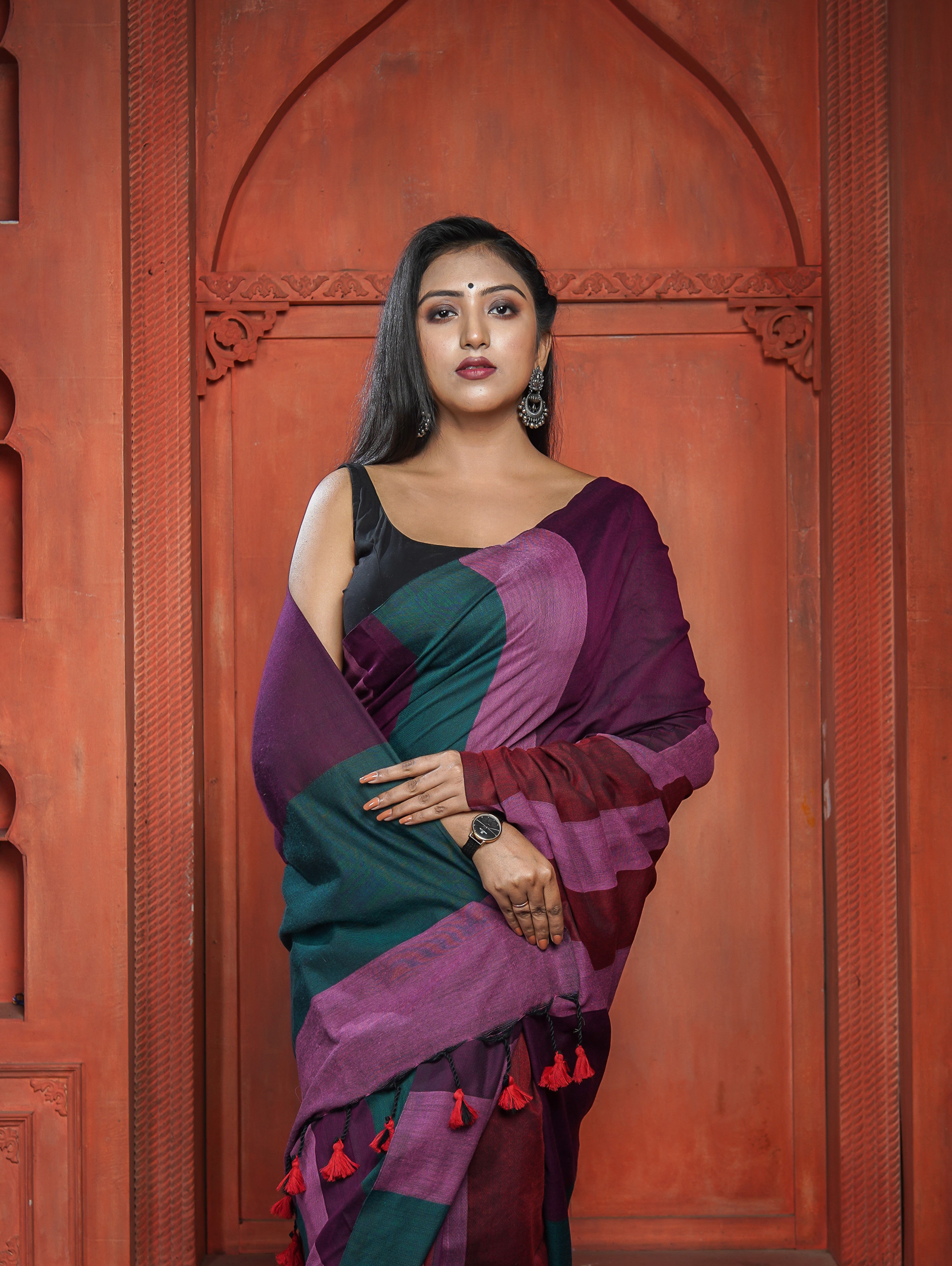 Pink & Purple Multicoloure Check Khadi Cotton Saree