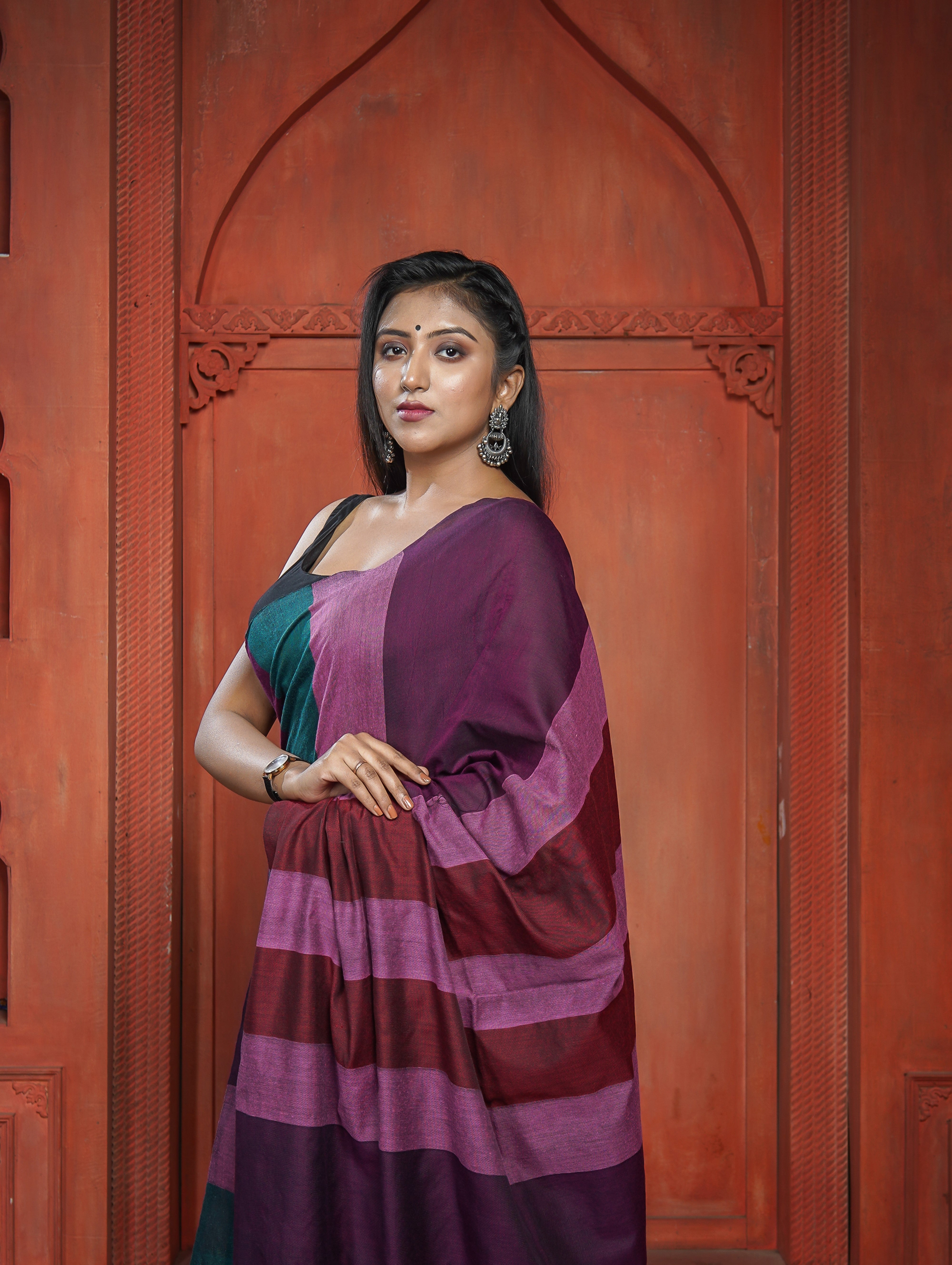 Pink & Purple Multicoloure Check Khadi Cotton Saree