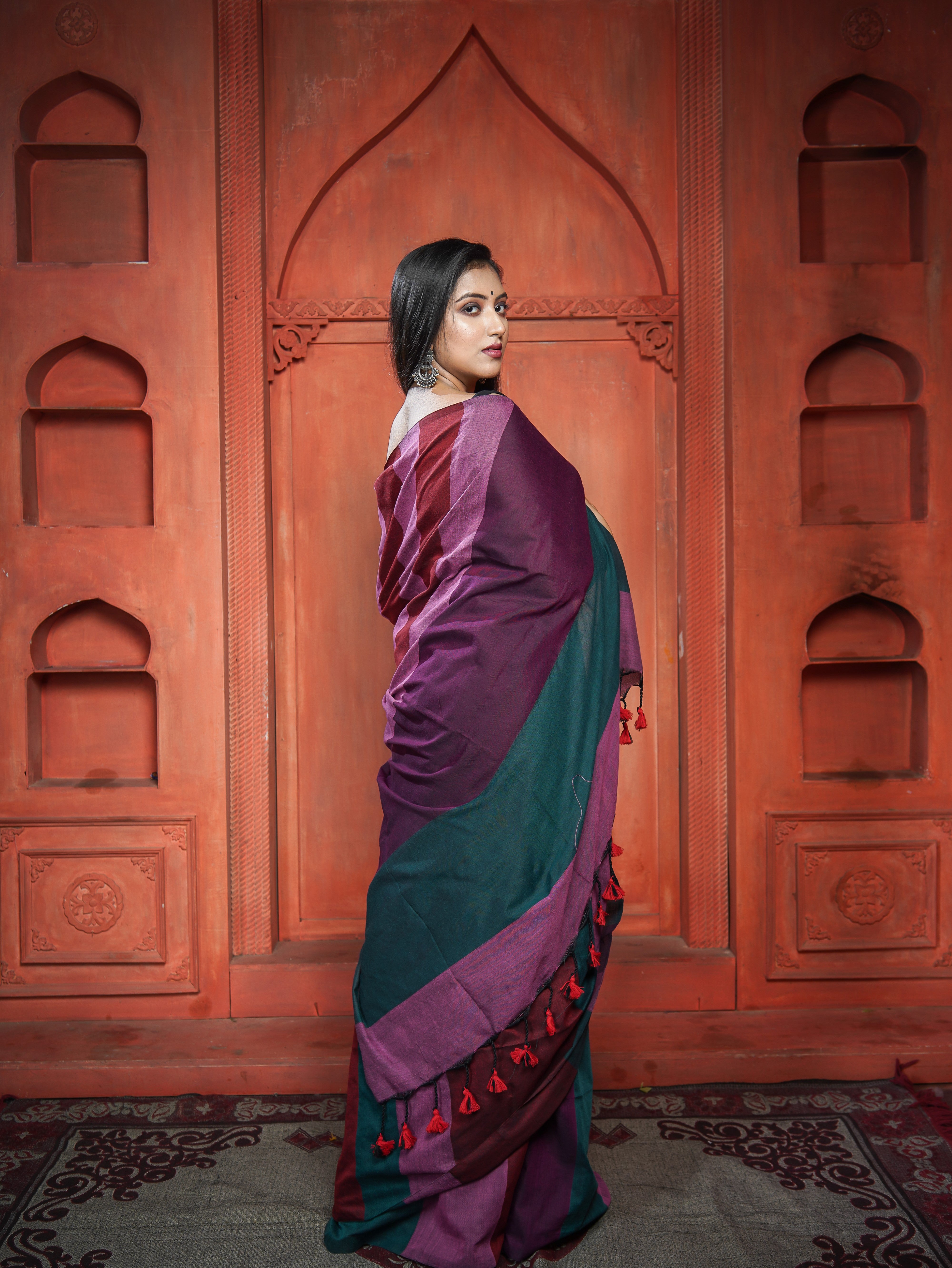 Pink & Purple Multicoloure Check Khadi Cotton Saree