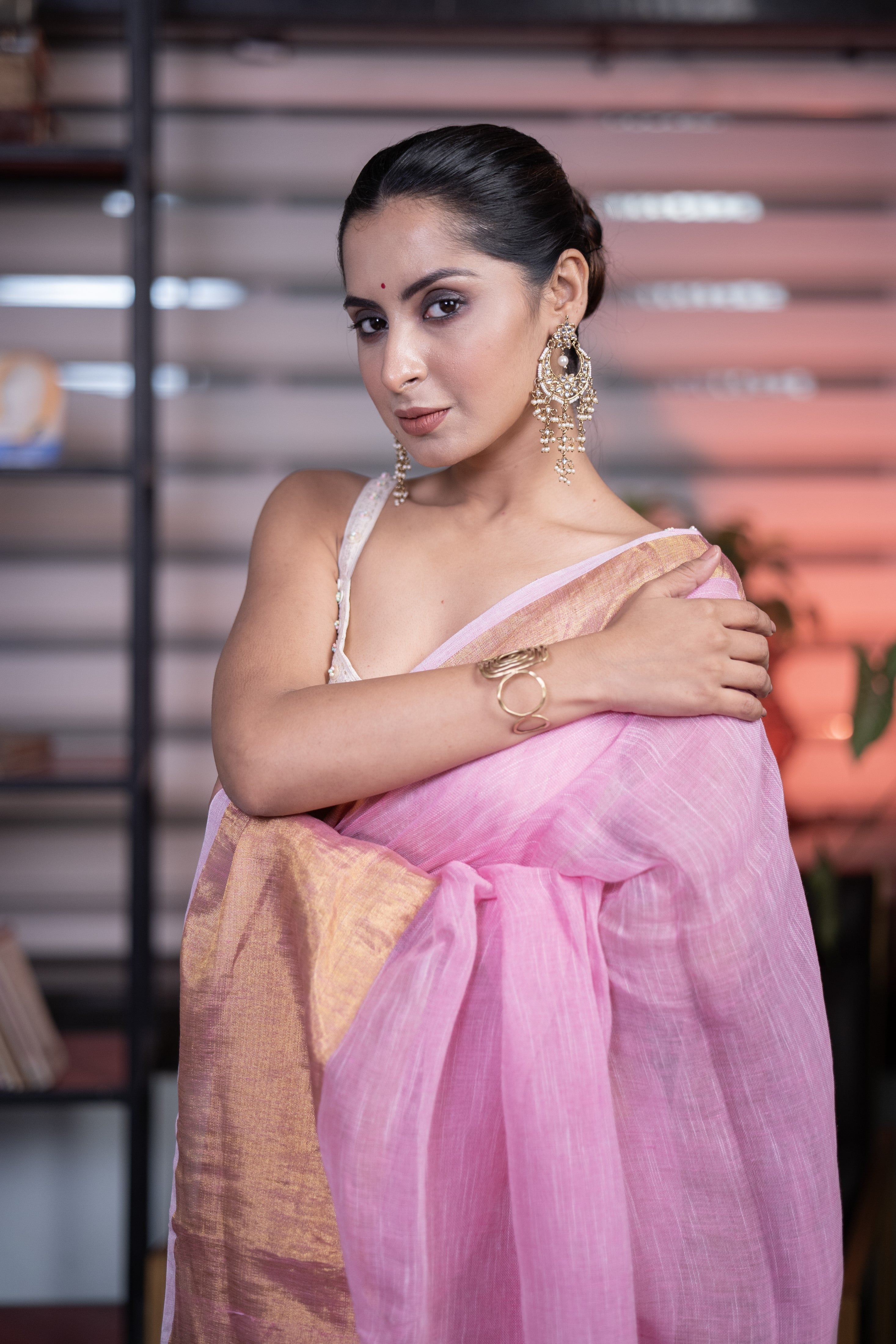 Pink mahapar Linen Saree