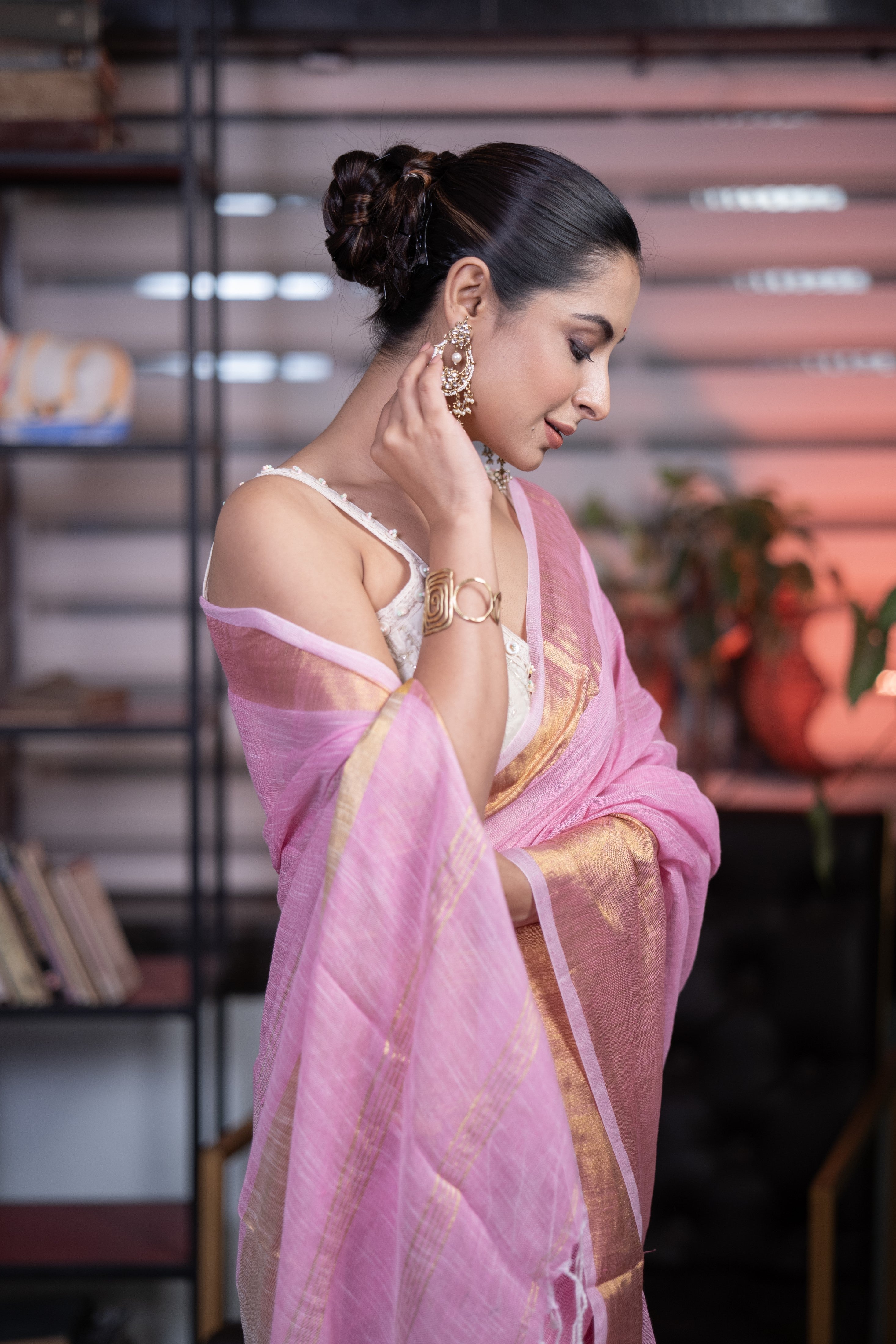 Pink mahapar Linen Saree