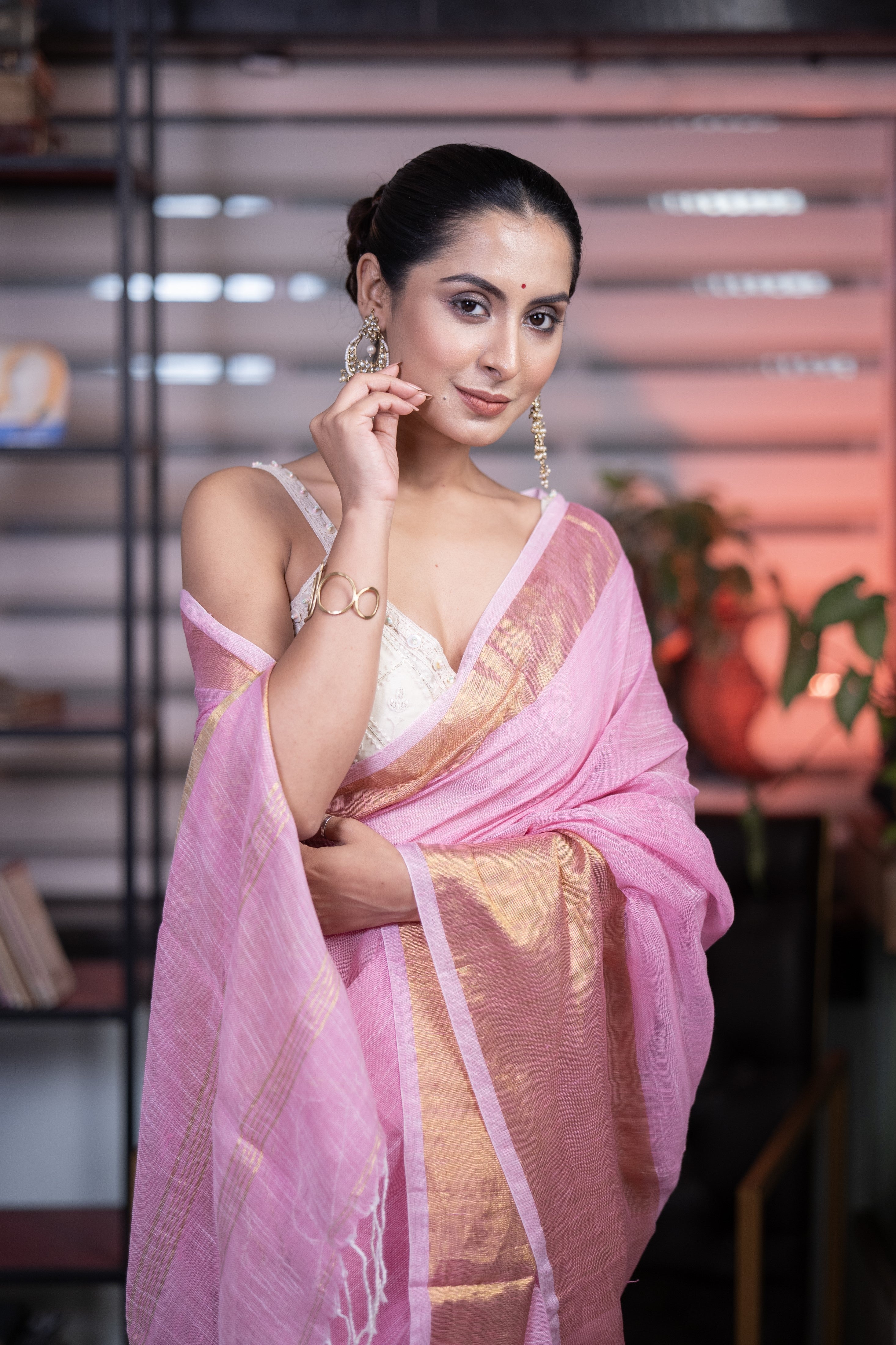 Pink mahapar Linen Saree
