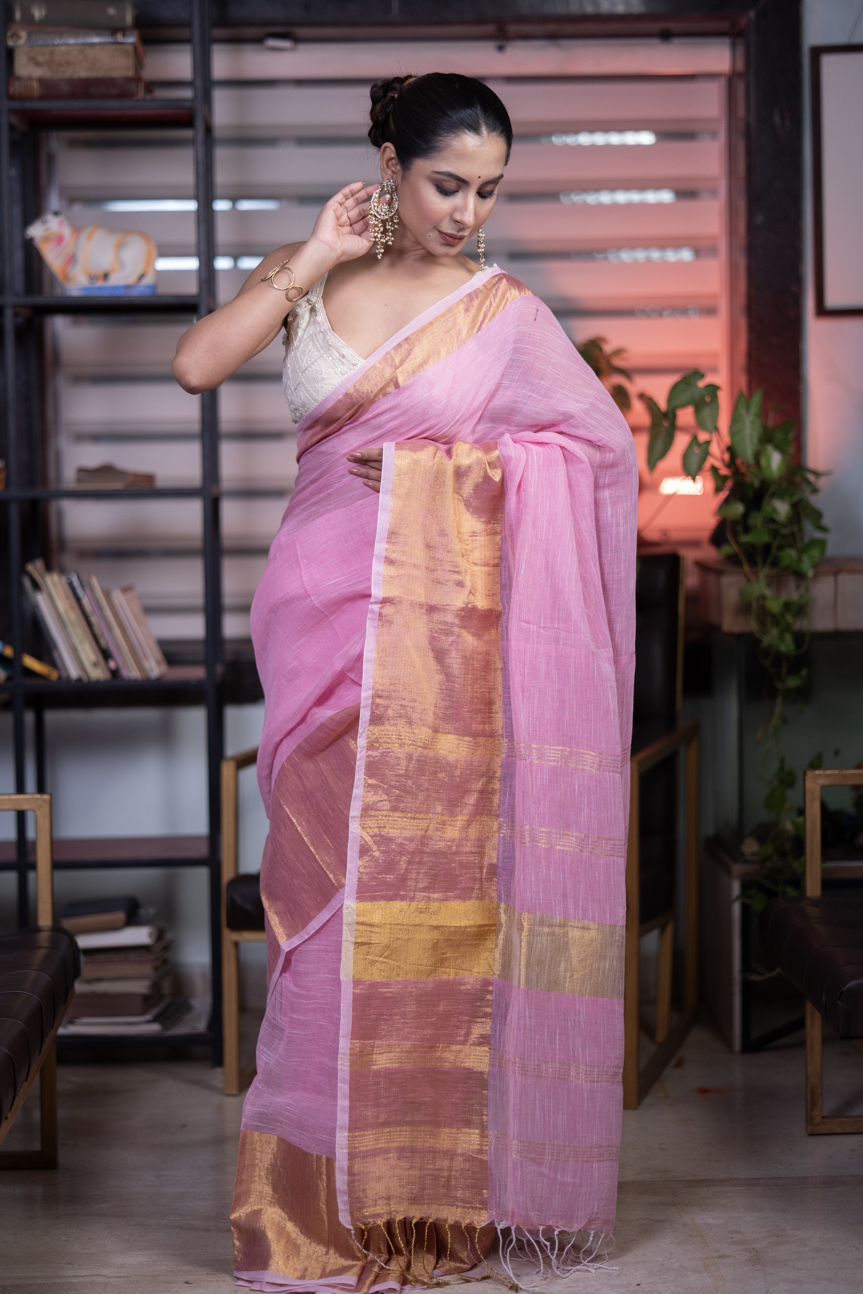 Pink mahapar Linen Saree