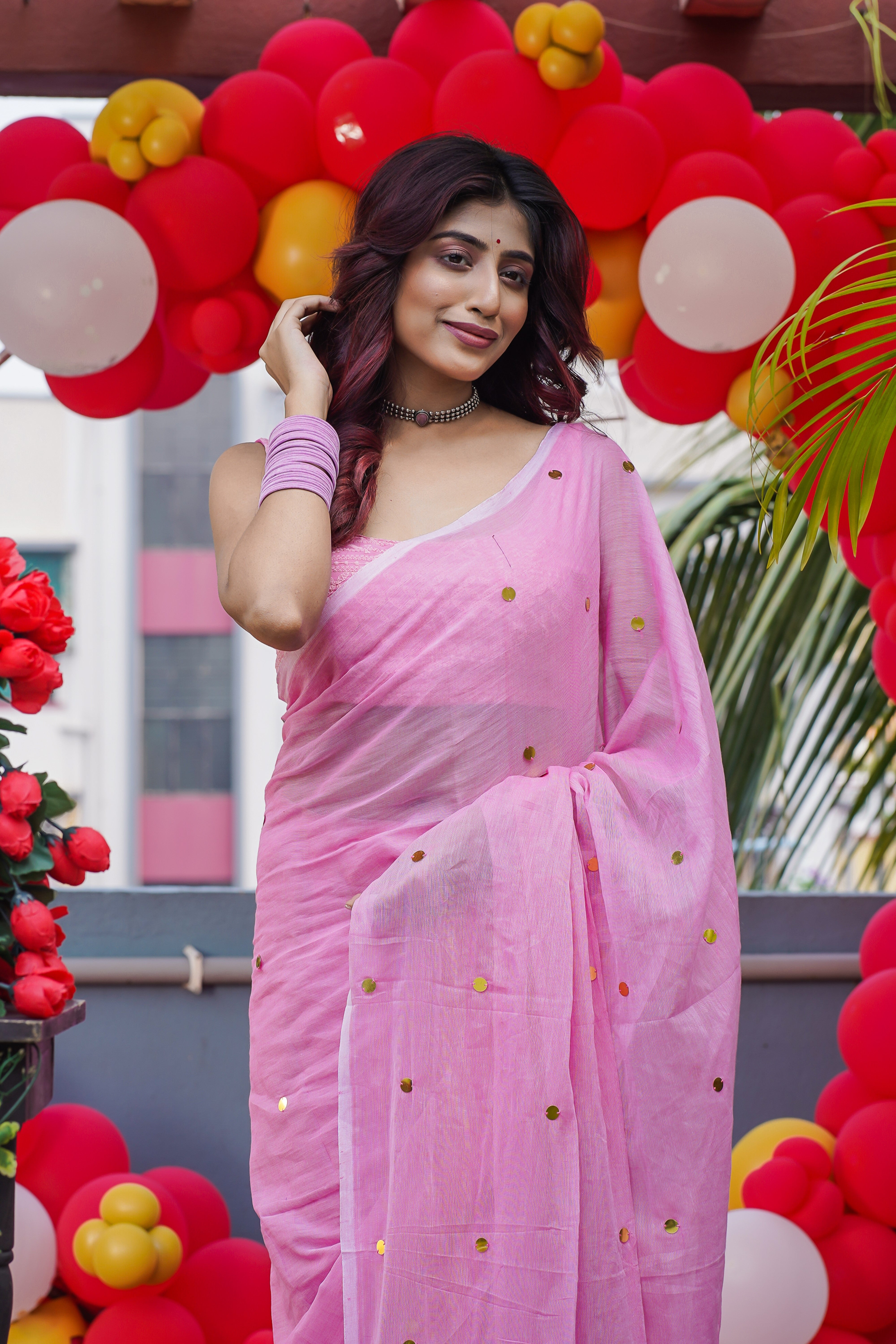 Pink Mul Mul Cotton Saree with Ginni Work