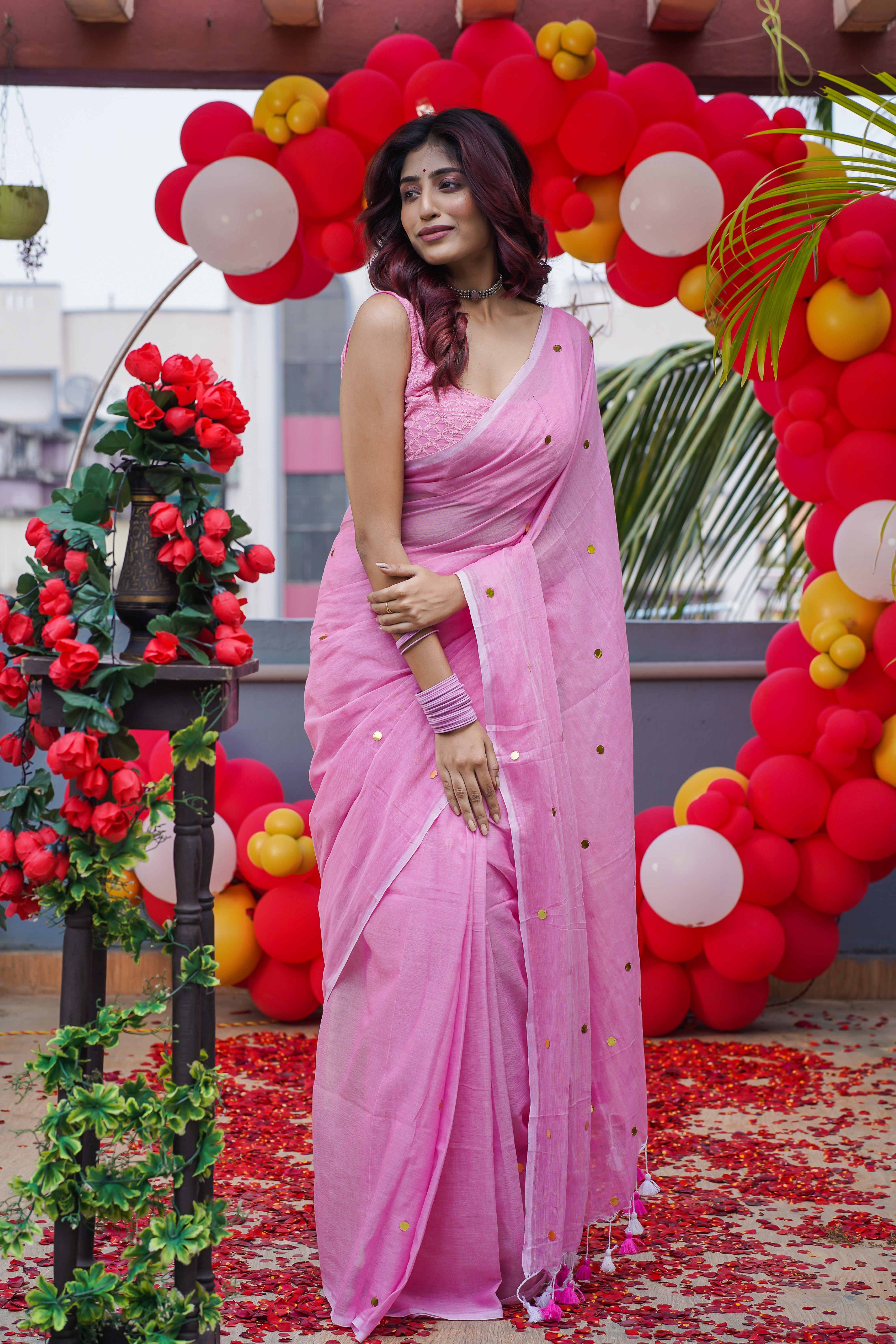 Pink Mul Mul Cotton Saree with Ginni Work