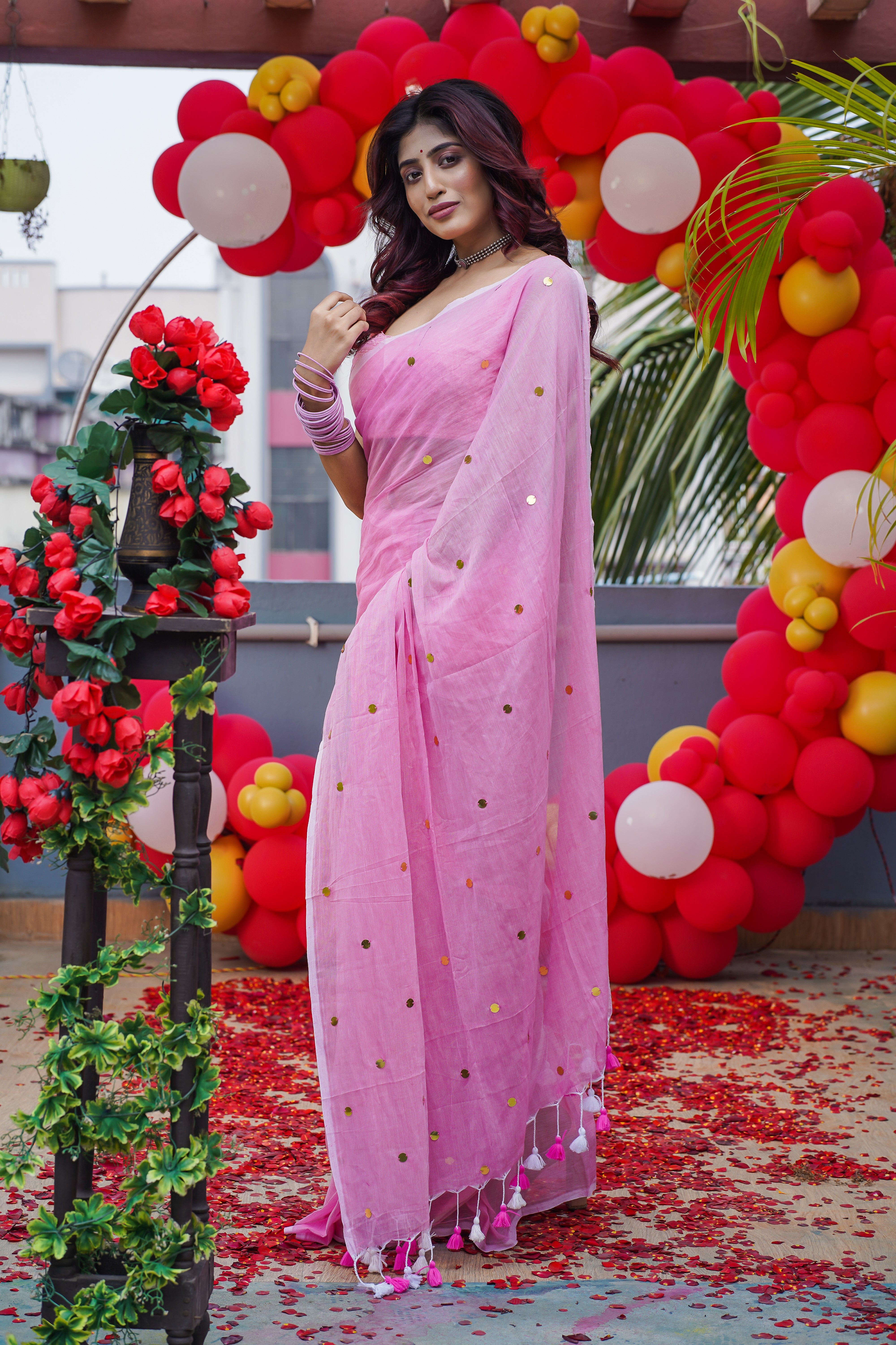 Pink Mul Mul Cotton Saree with Ginni Work