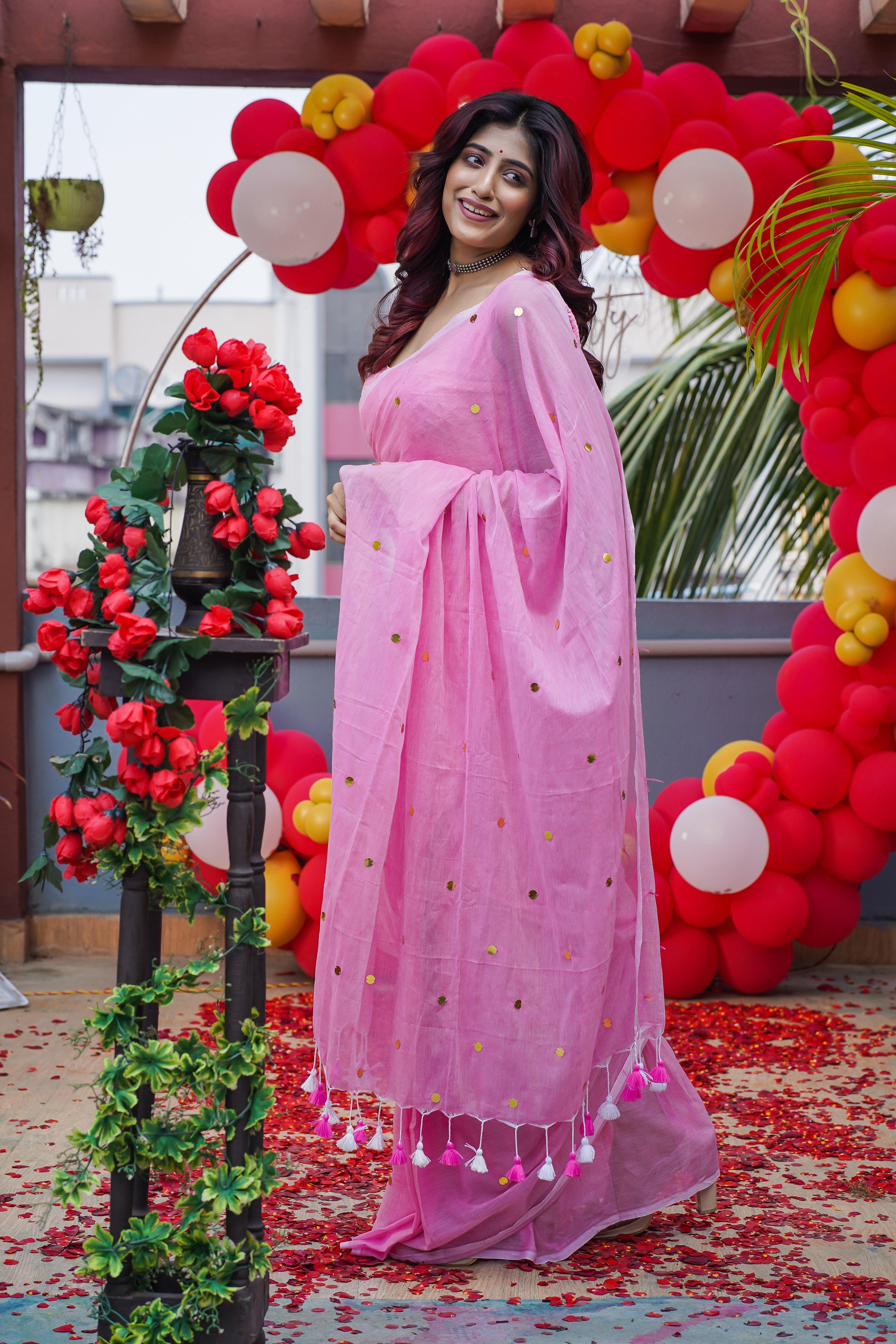 Pink Mul Mul Cotton Saree with Ginni Work