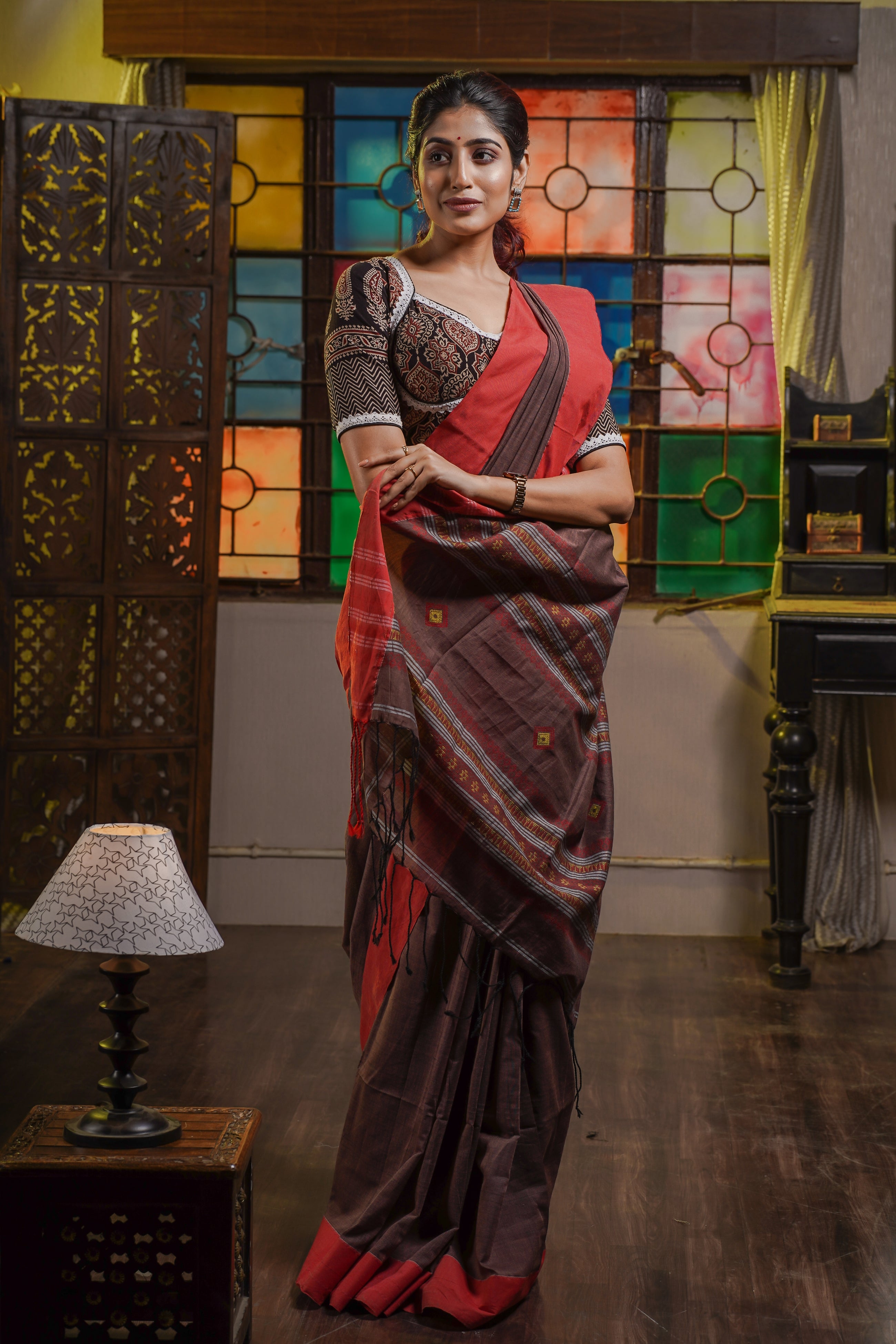 Premium Assam Khadi Cotton Handwoven Saree- Chocolate & Red