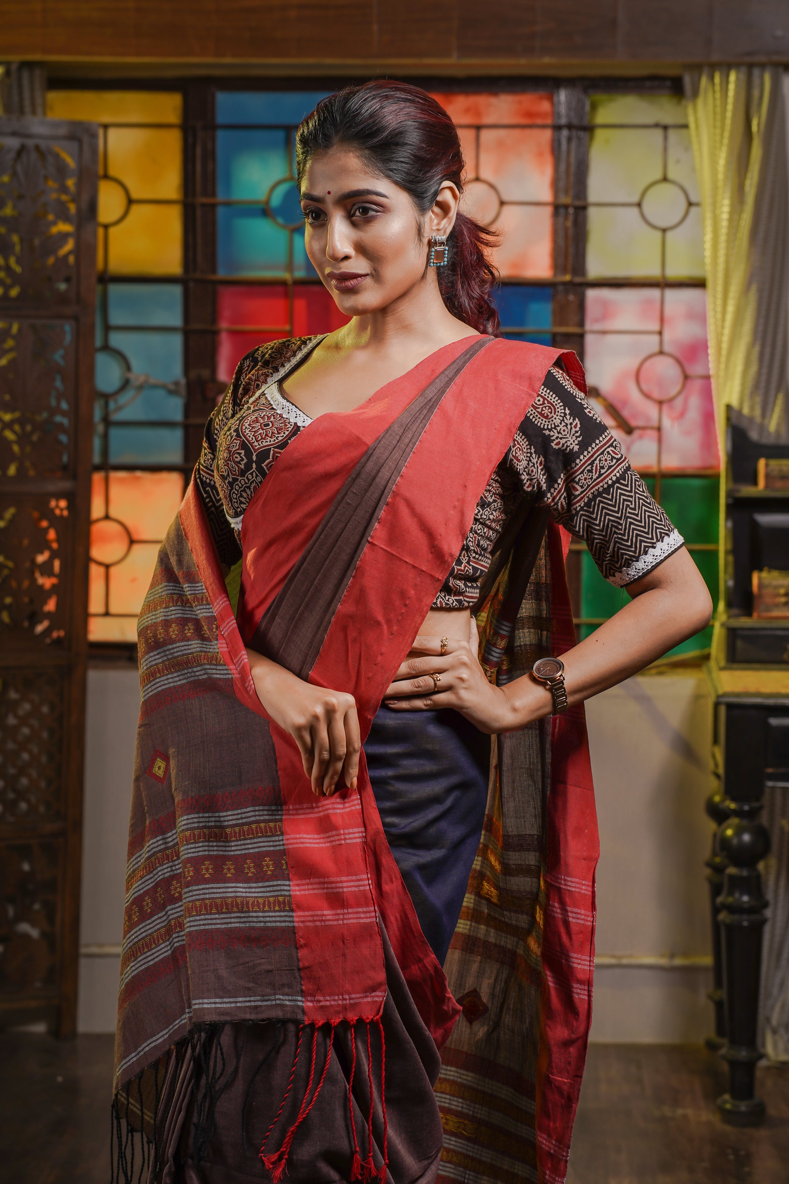 Premium Assam Khadi Cotton Handwoven Saree- Chocolate & Red