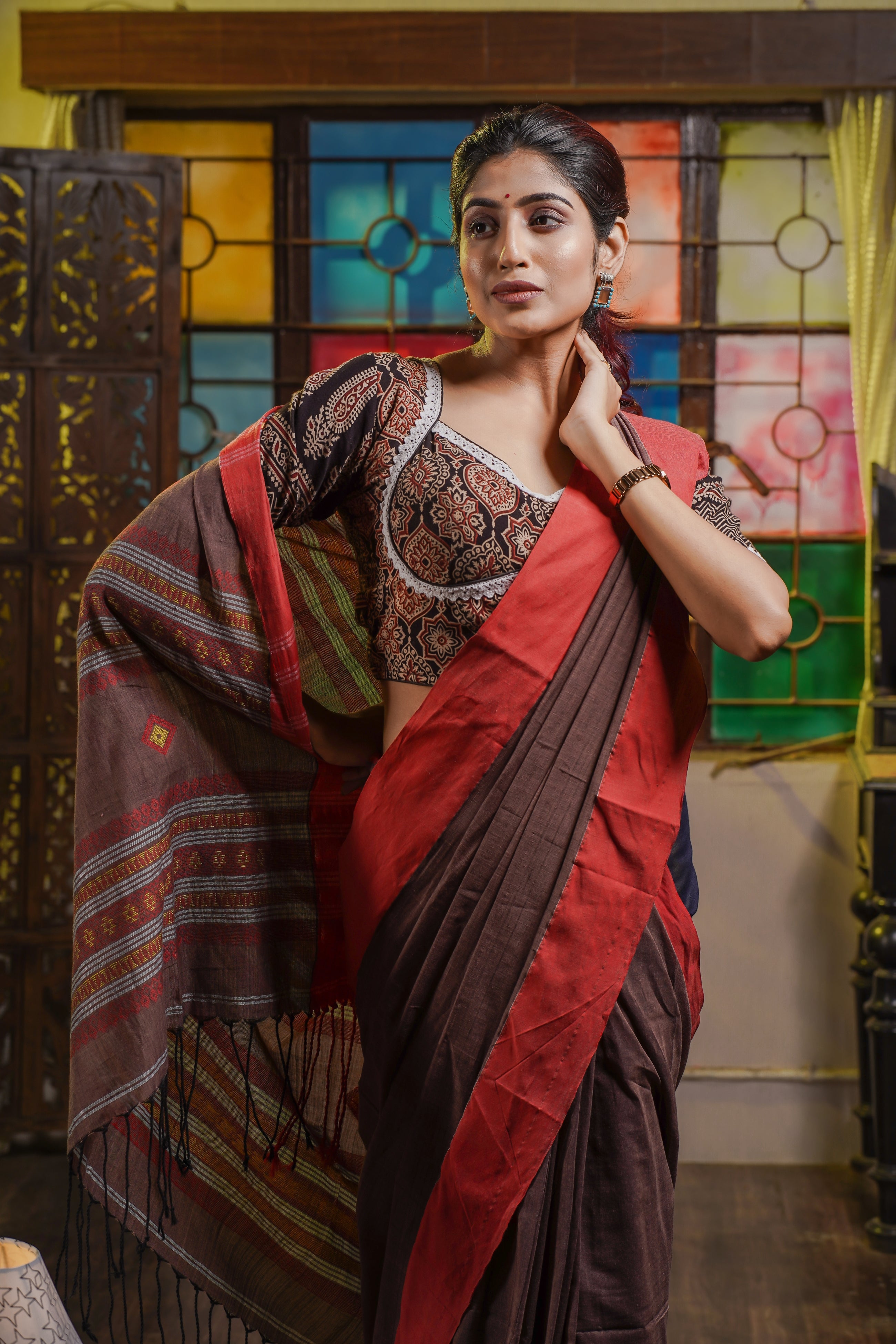 Premium Assam Khadi Cotton Handwoven Saree- Chocolate & Red