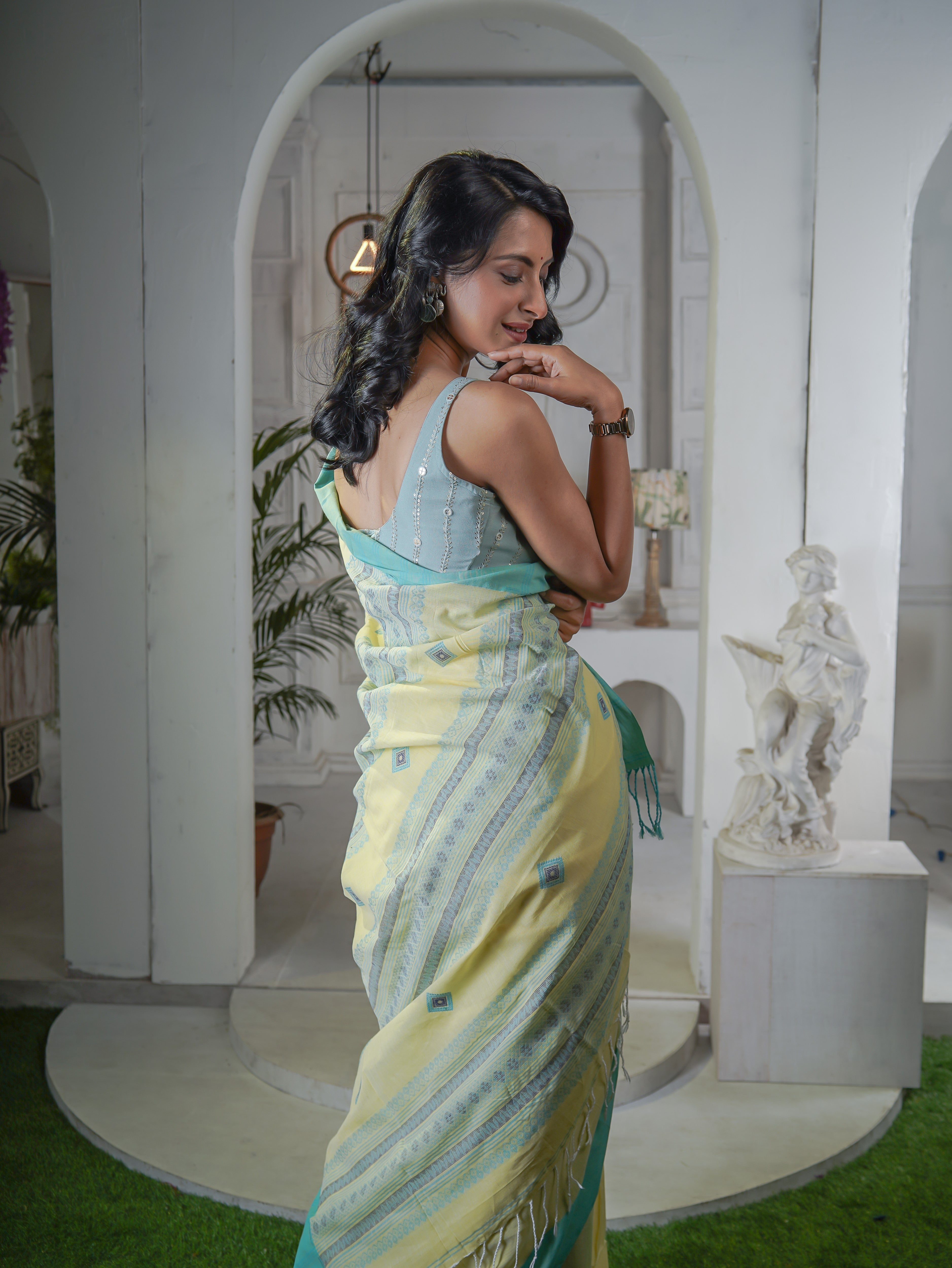 Premium Assam Khadi Cotton Handwoven Saree- Yellow