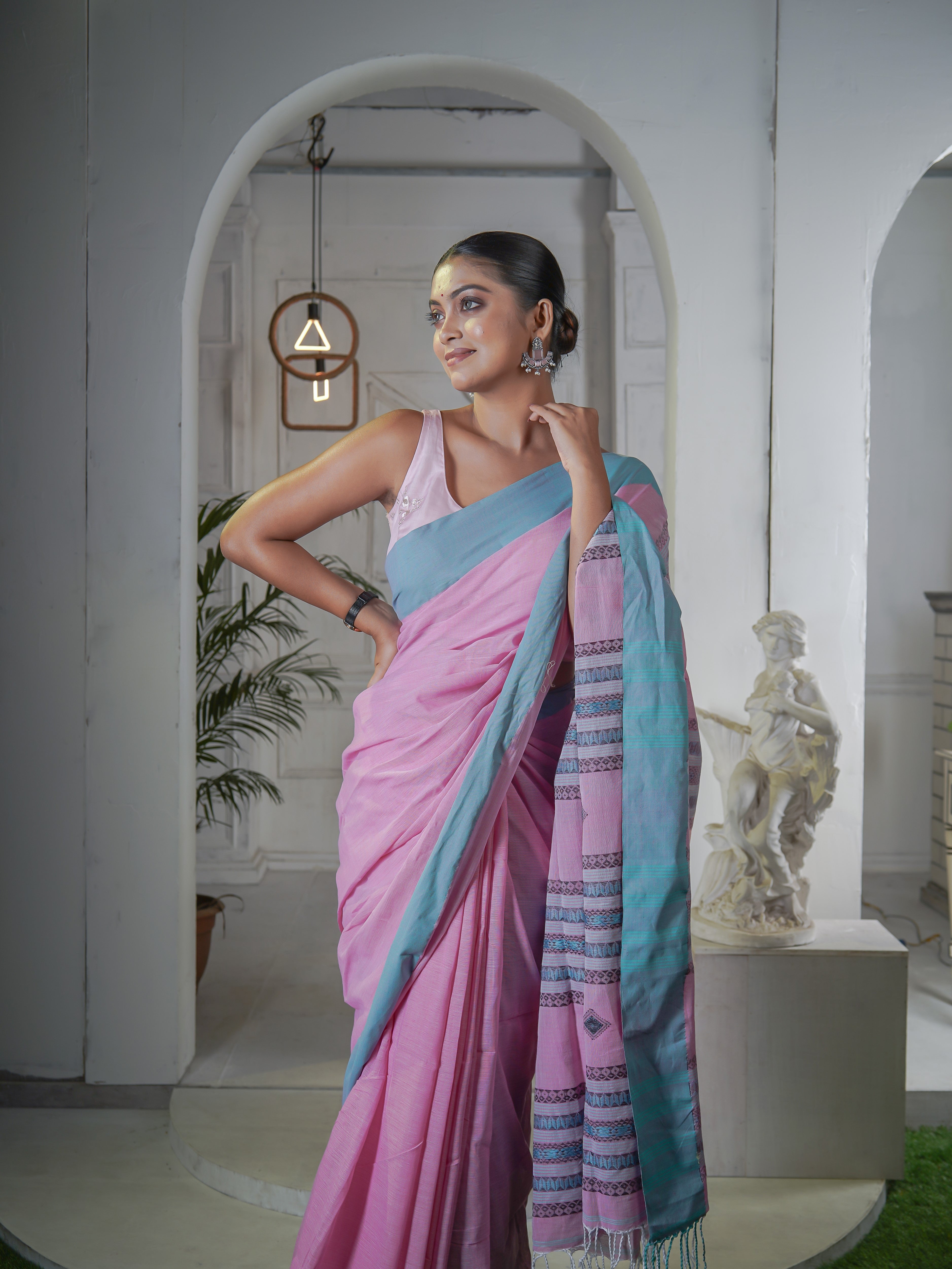 Premium Assam Khadi Cotton Handwoven Saree- Pink